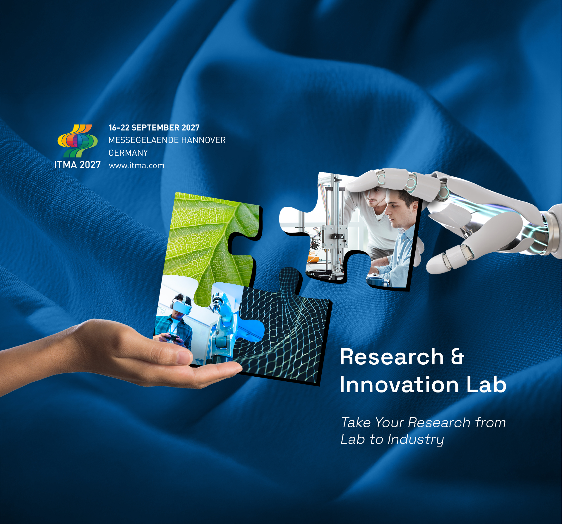 Puzzle pieces showing robotics, virtual reality, and nature, joined by a robotic hand and human hand, with ITMA 2027 Hannover event details.