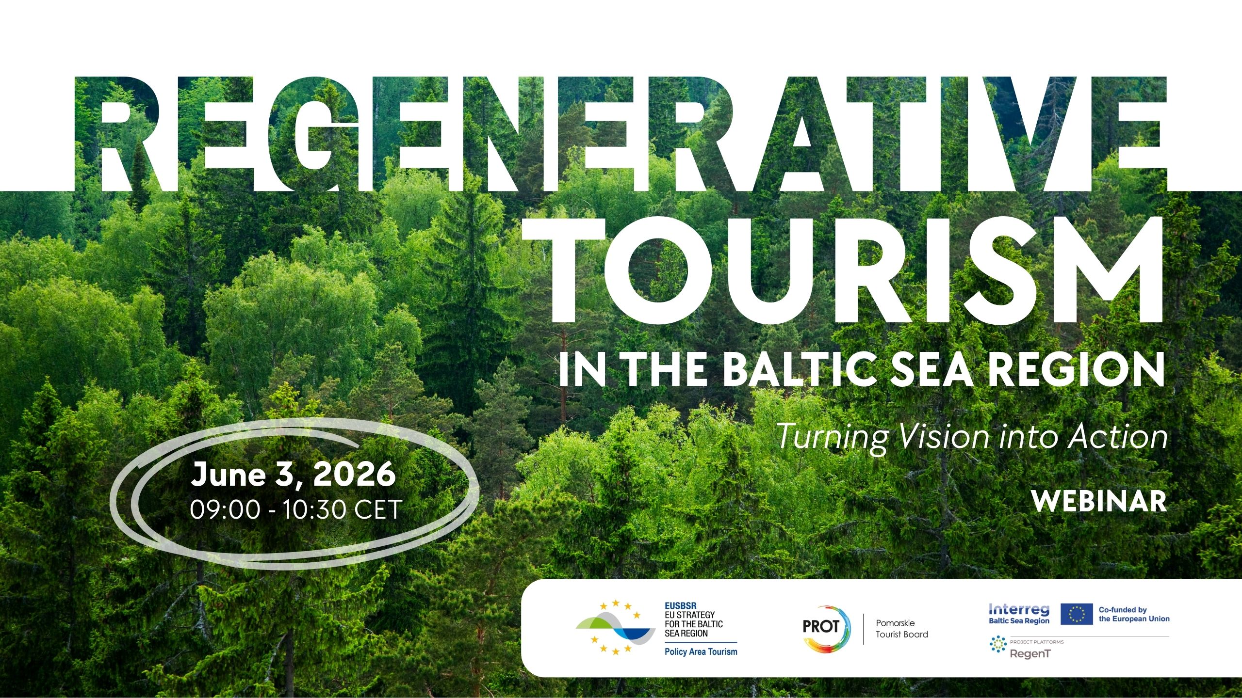 Regenerative tourism webinar invitation with green forest