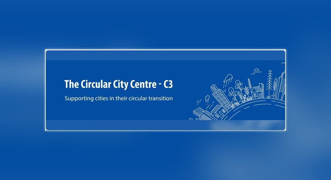Blue banner with text “The Circular City Centre – C3, Supporting cities in their circular transition” and a line drawing of a city skyline.