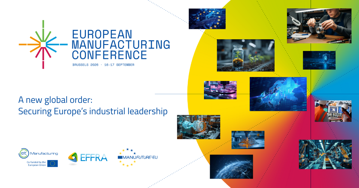 Banner for the European Manufacturing Conference 2026 showing event title, date in Brussels and visuals related to advanced manufacturing and technology.
