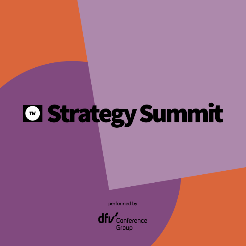 Graphic for the TW Strategy Summit featuring geometric purple and orange shapes with the text “Strategy Summit” and the dfv Conference Group logo.