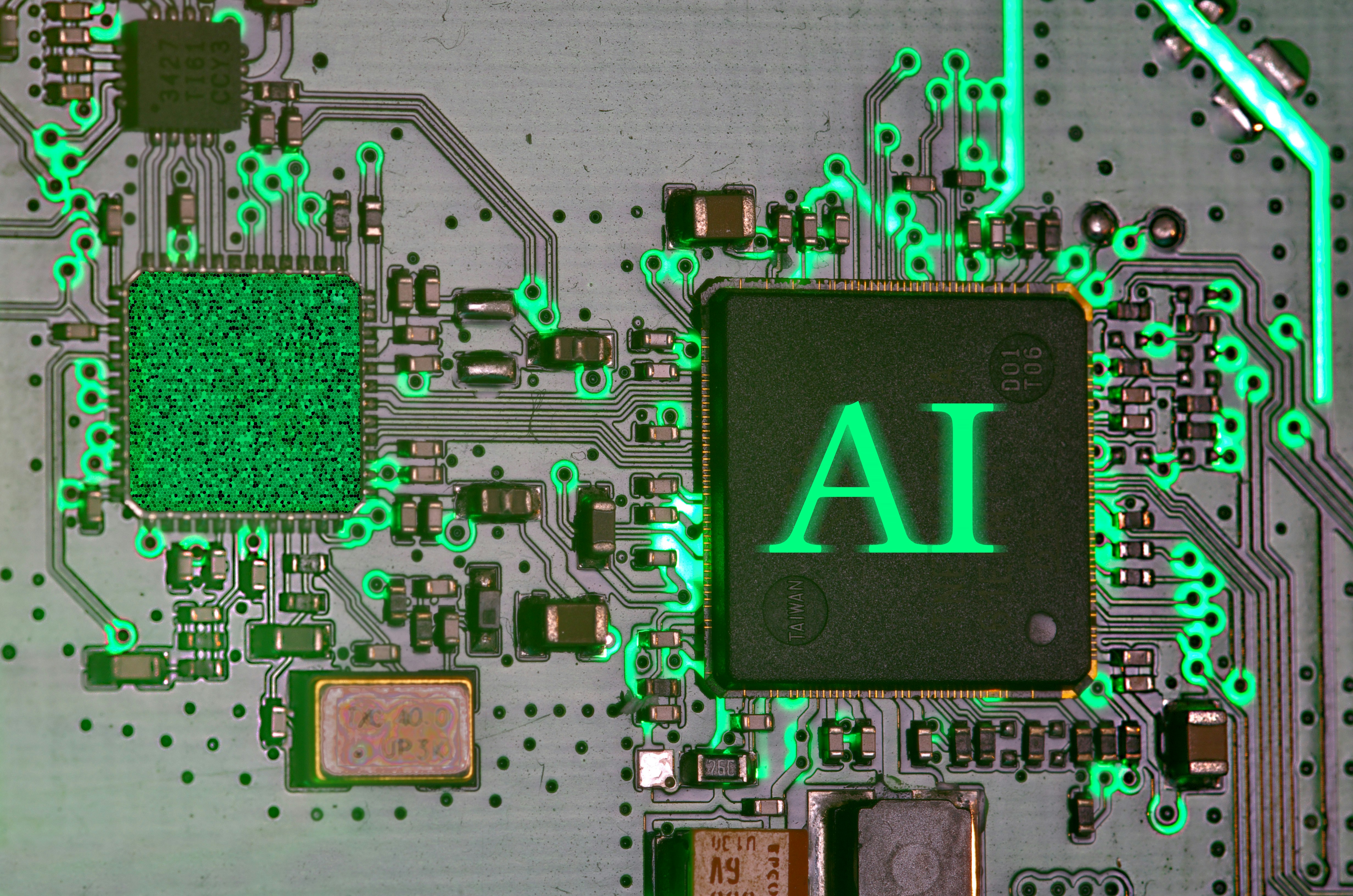Close up image of an electronic circuit board with glowing green connections and an AI processor chip symbolising artificial intelligence and industrial digitalisation.