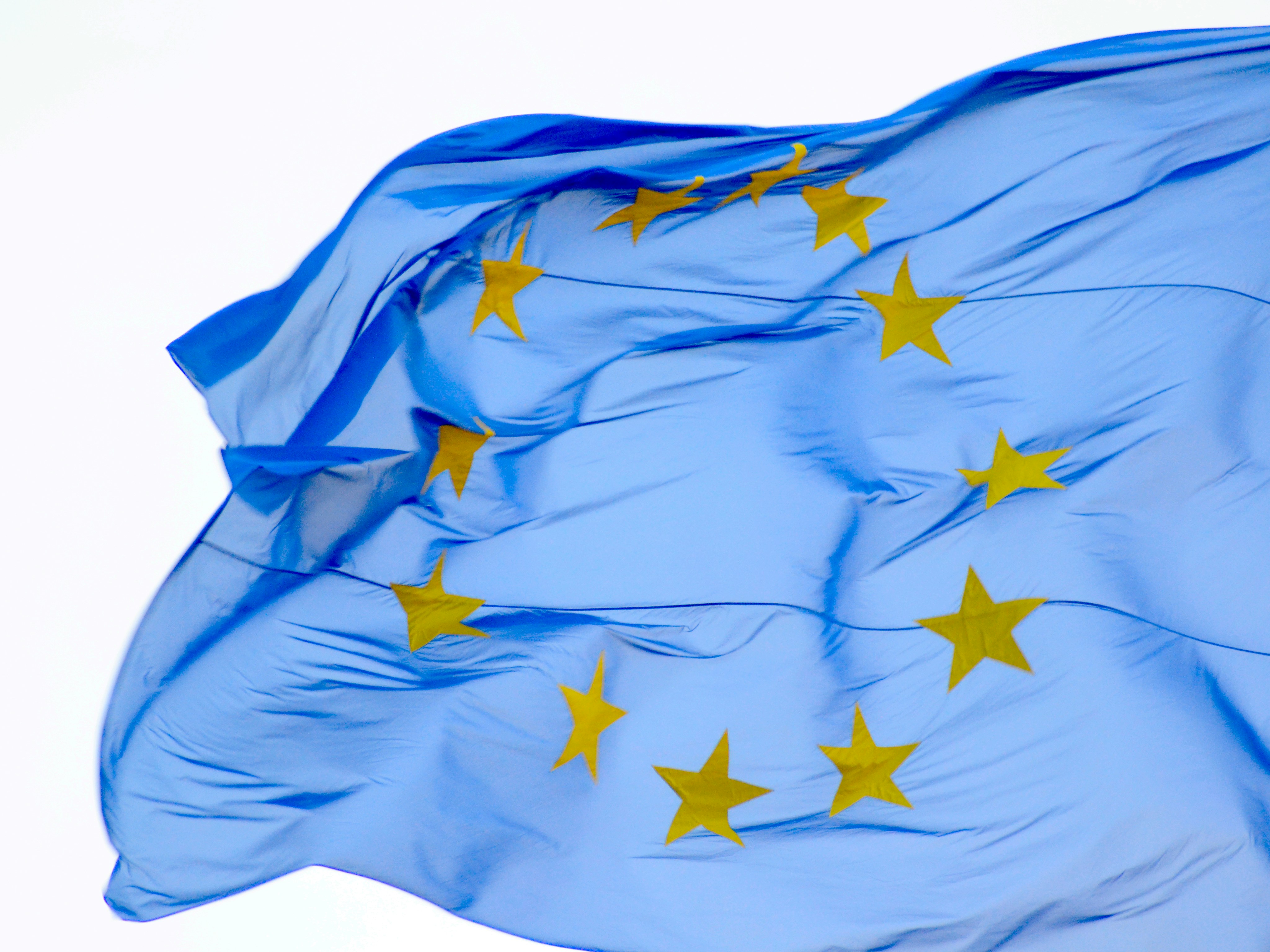 EU flag with yellow stars forming circle waving. 