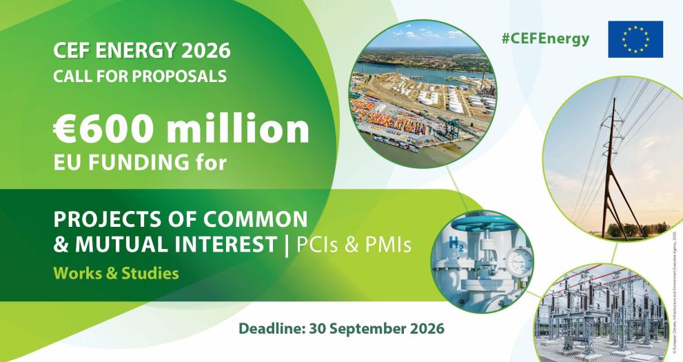 Poster for the EU’s CEF Energy 2026 call for proposals, highlighting €600 million in funding for energy infrastructure projects and a 30 September 2026 deadline.