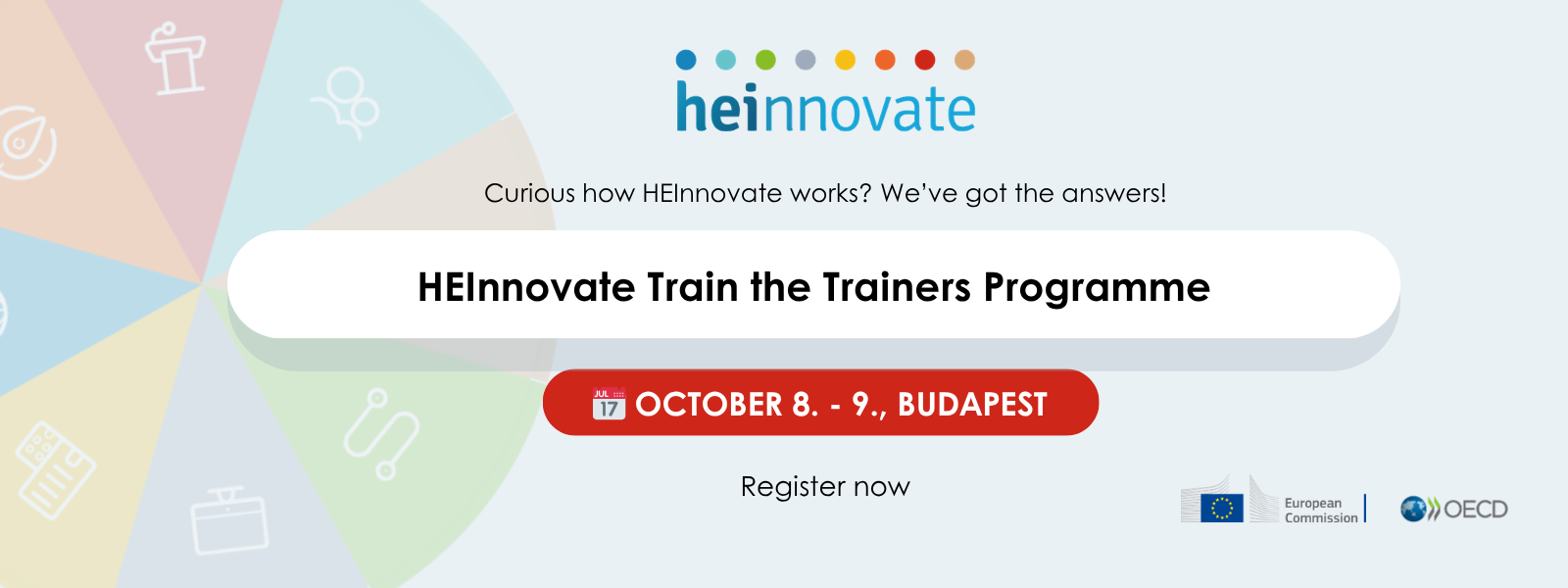 Banner promoting HEInnovate Train the Trainers programme with date and location in Budapest.