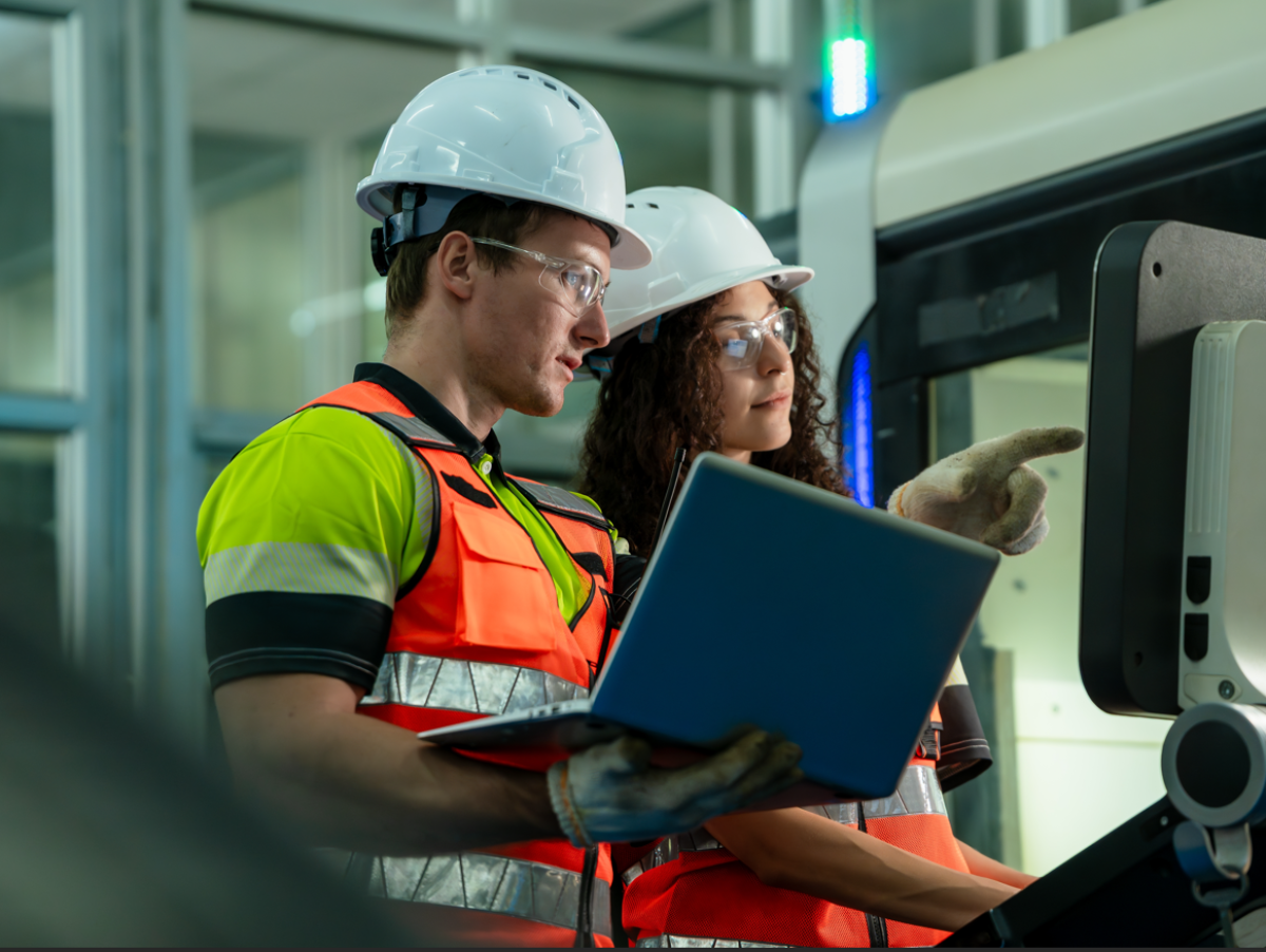 Two workers in safety gear inspect industrial equipment using a laptop.