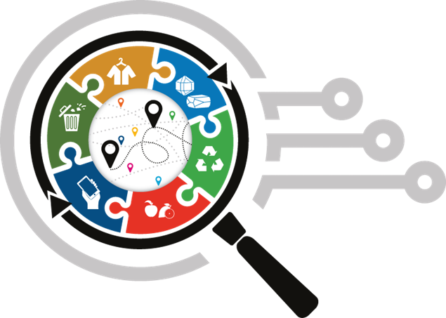Circular puzzle with icons representing textile value chain and magnifying glass.