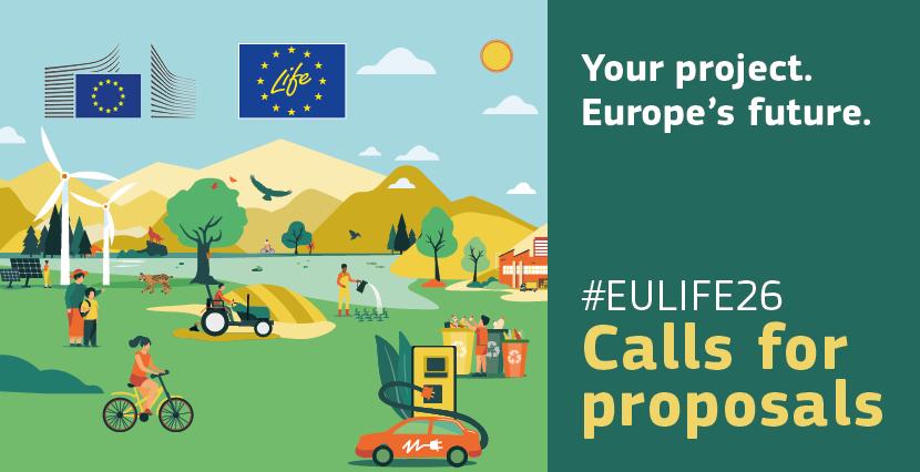 The pic presents an illustrated EU LIFE banner highlighting sustainability, renewable energy, and clean mobility.