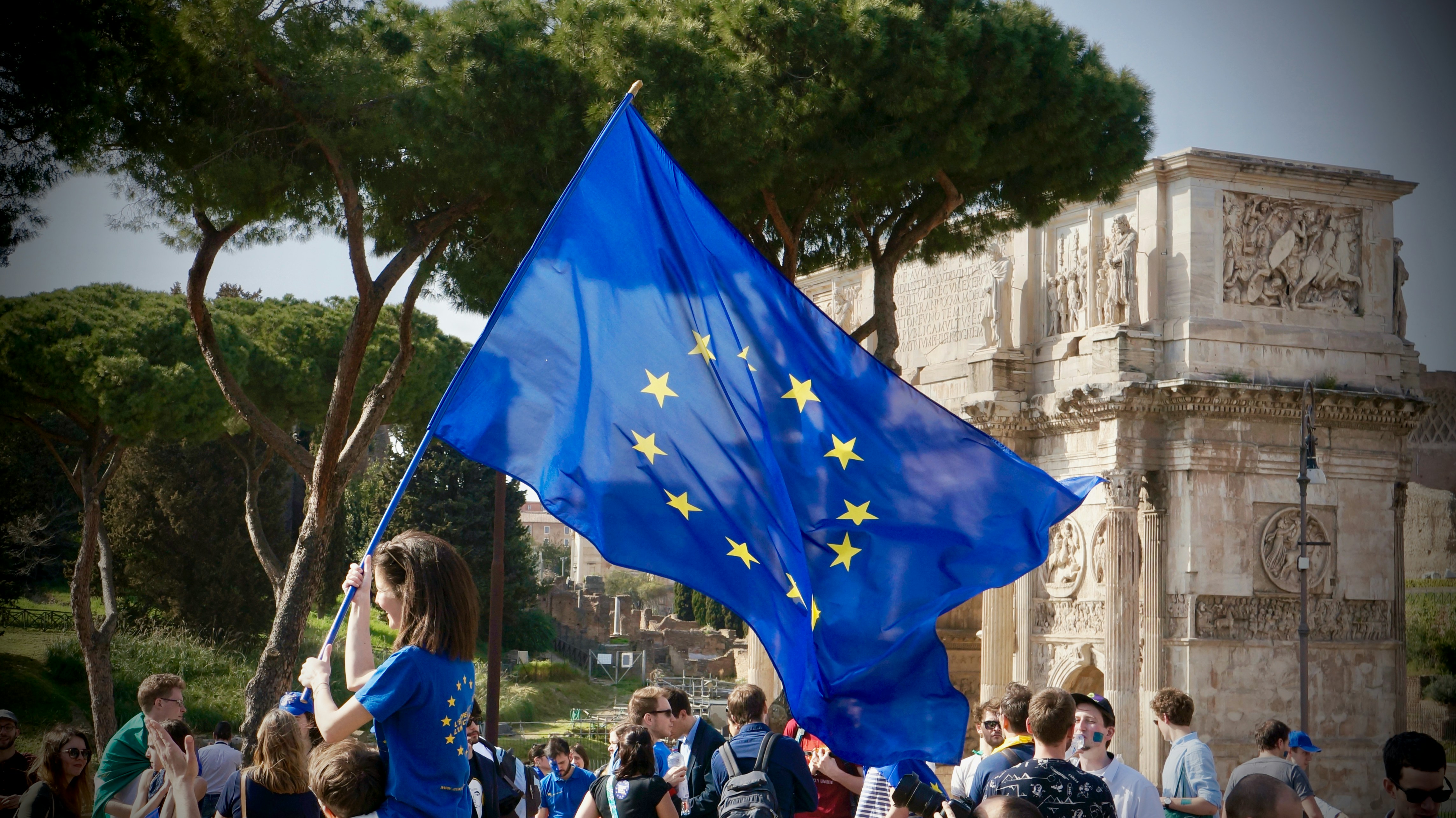 A young girl holding a European flag in front of a crowd of people .