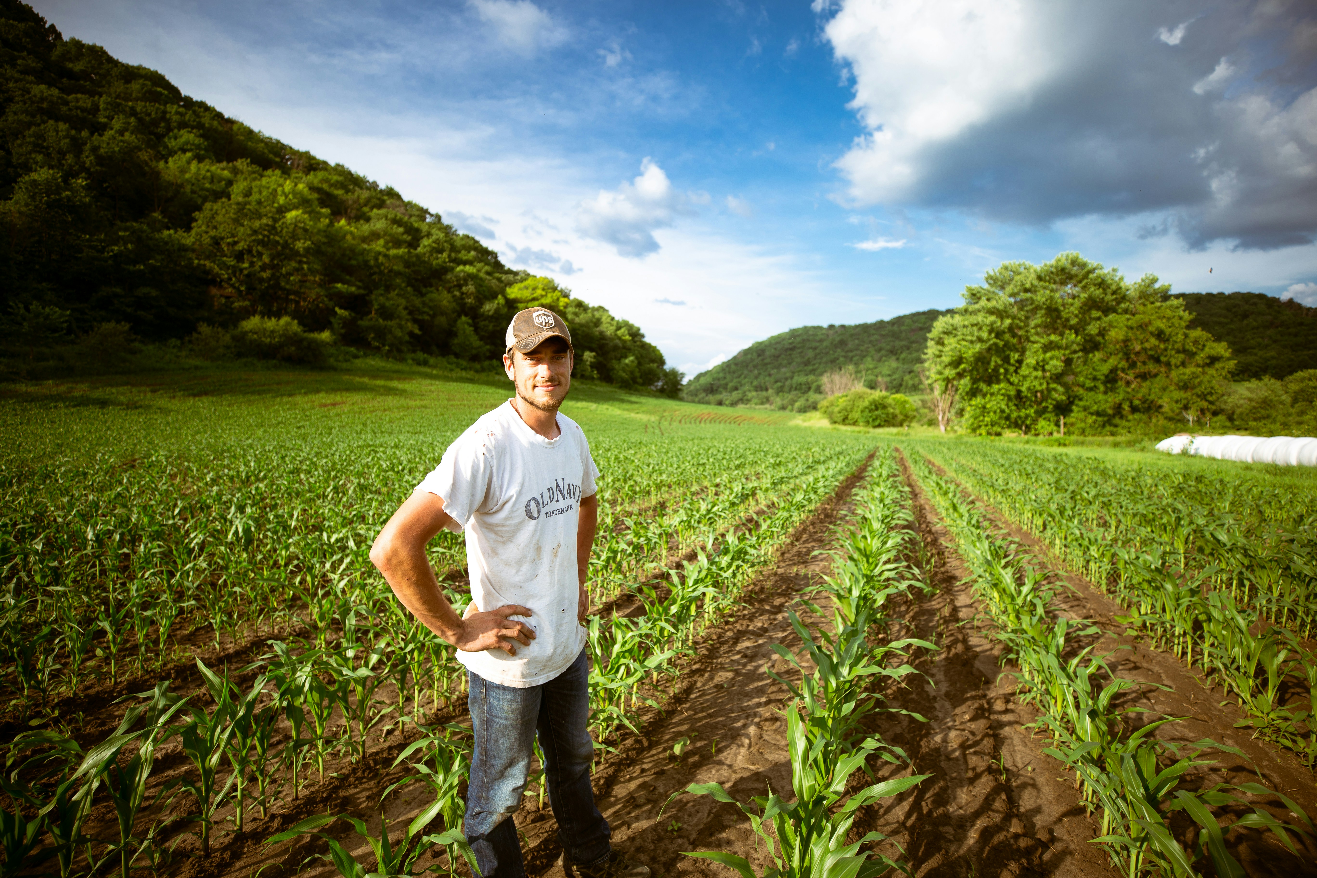 The picture presents a farmer on the field.