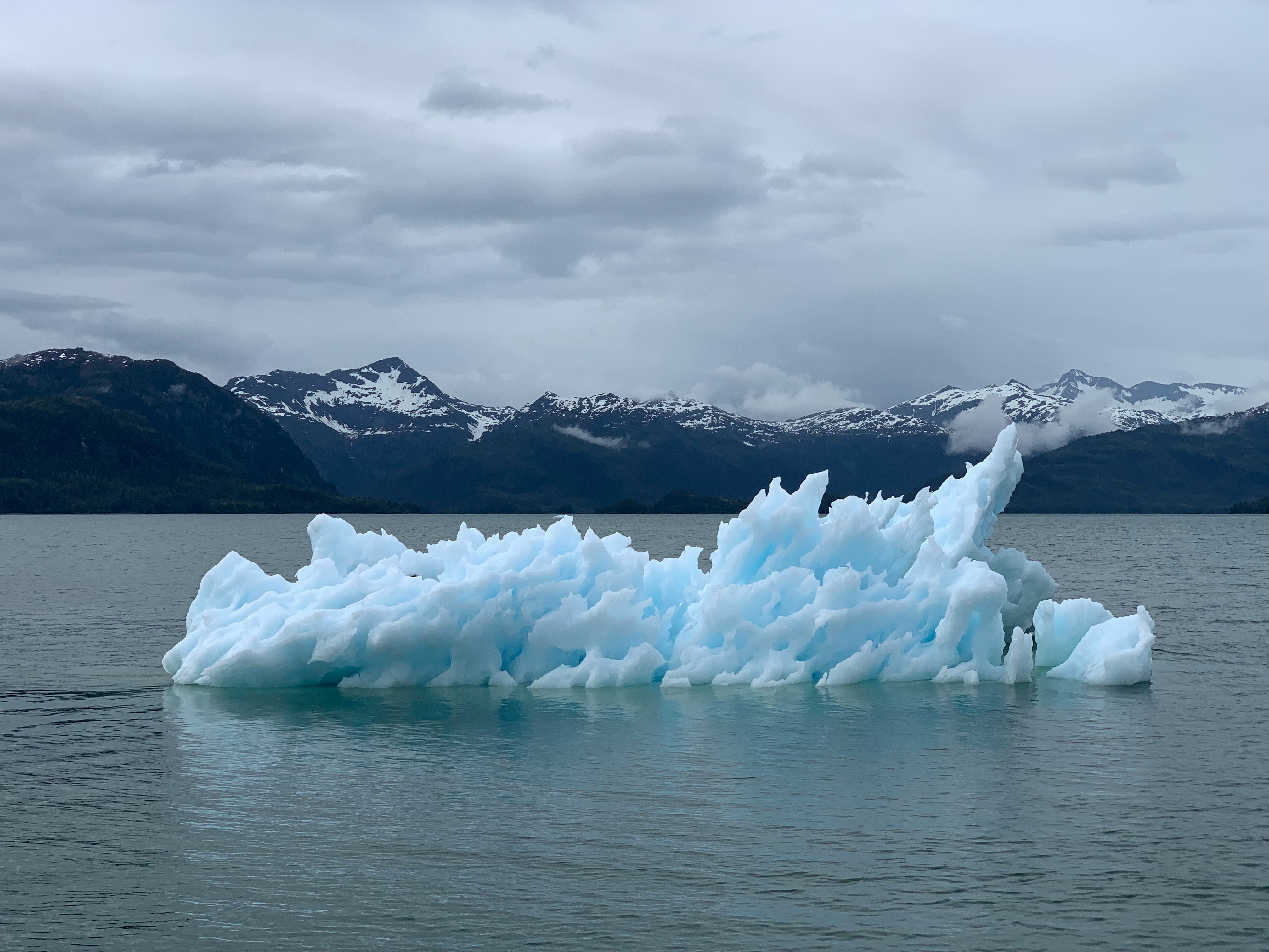 The picture presents an iceberg on the water.