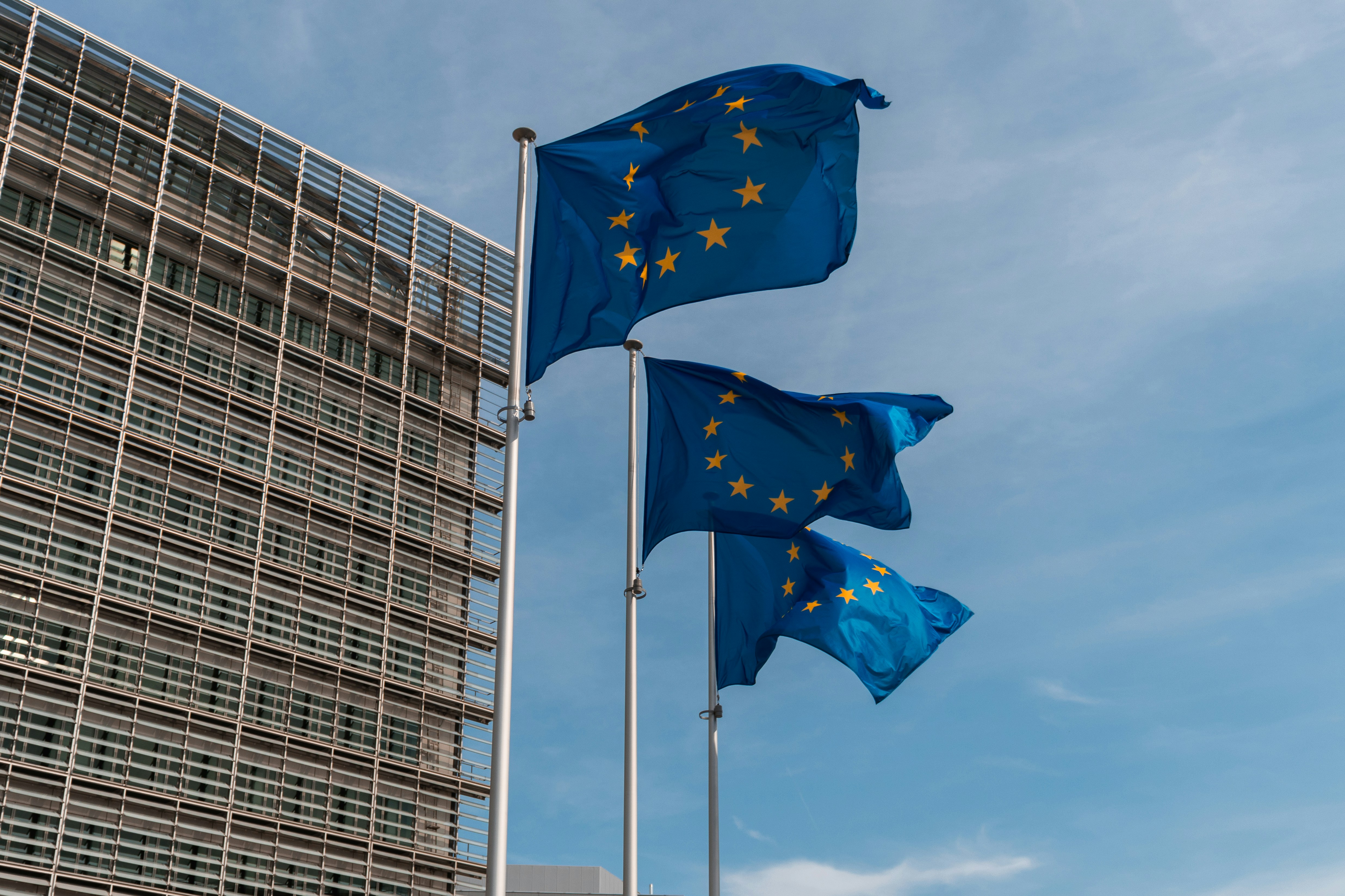 European blue flags in front of building