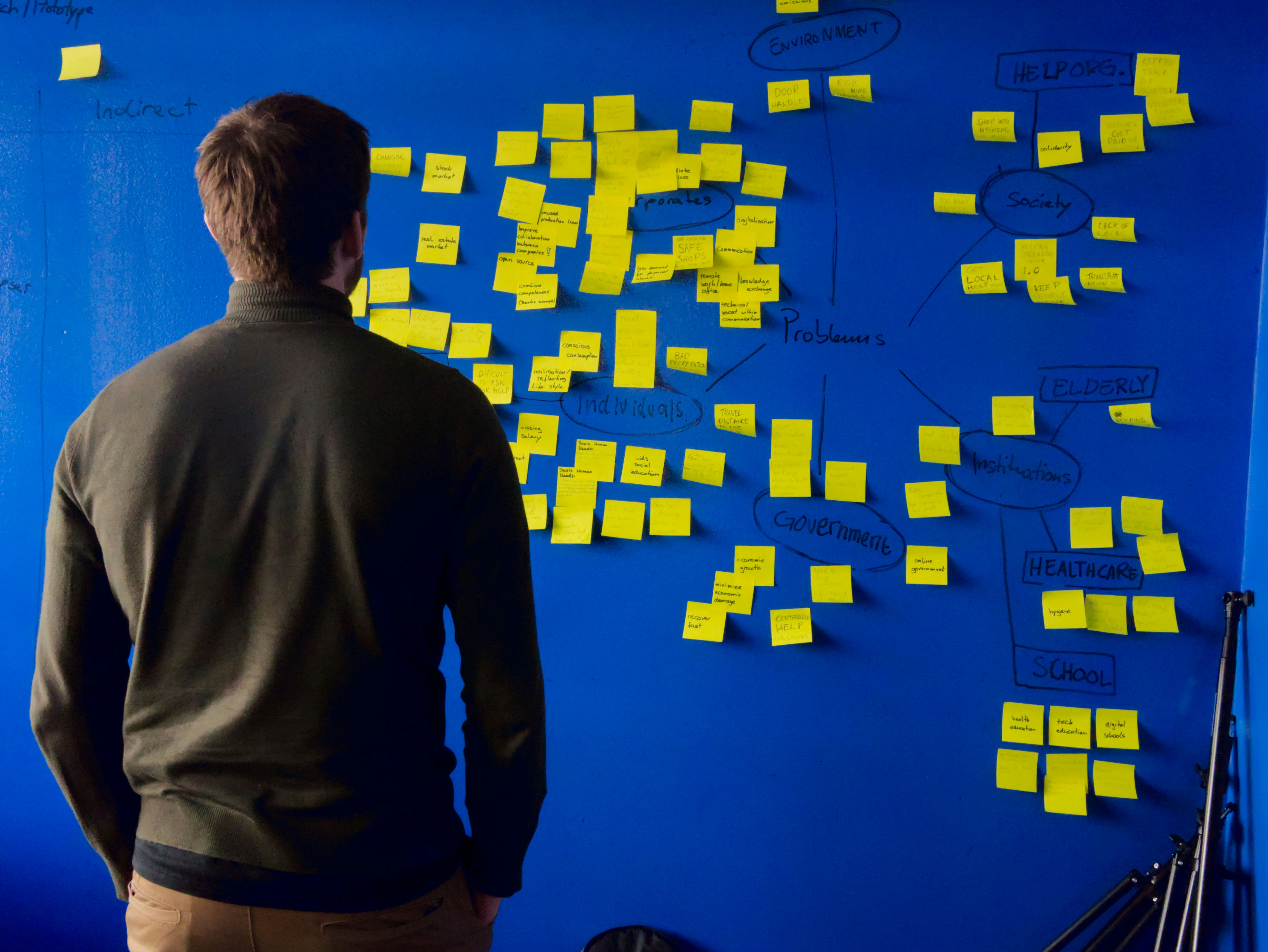 The photo presents a man looking at notes on a wall.