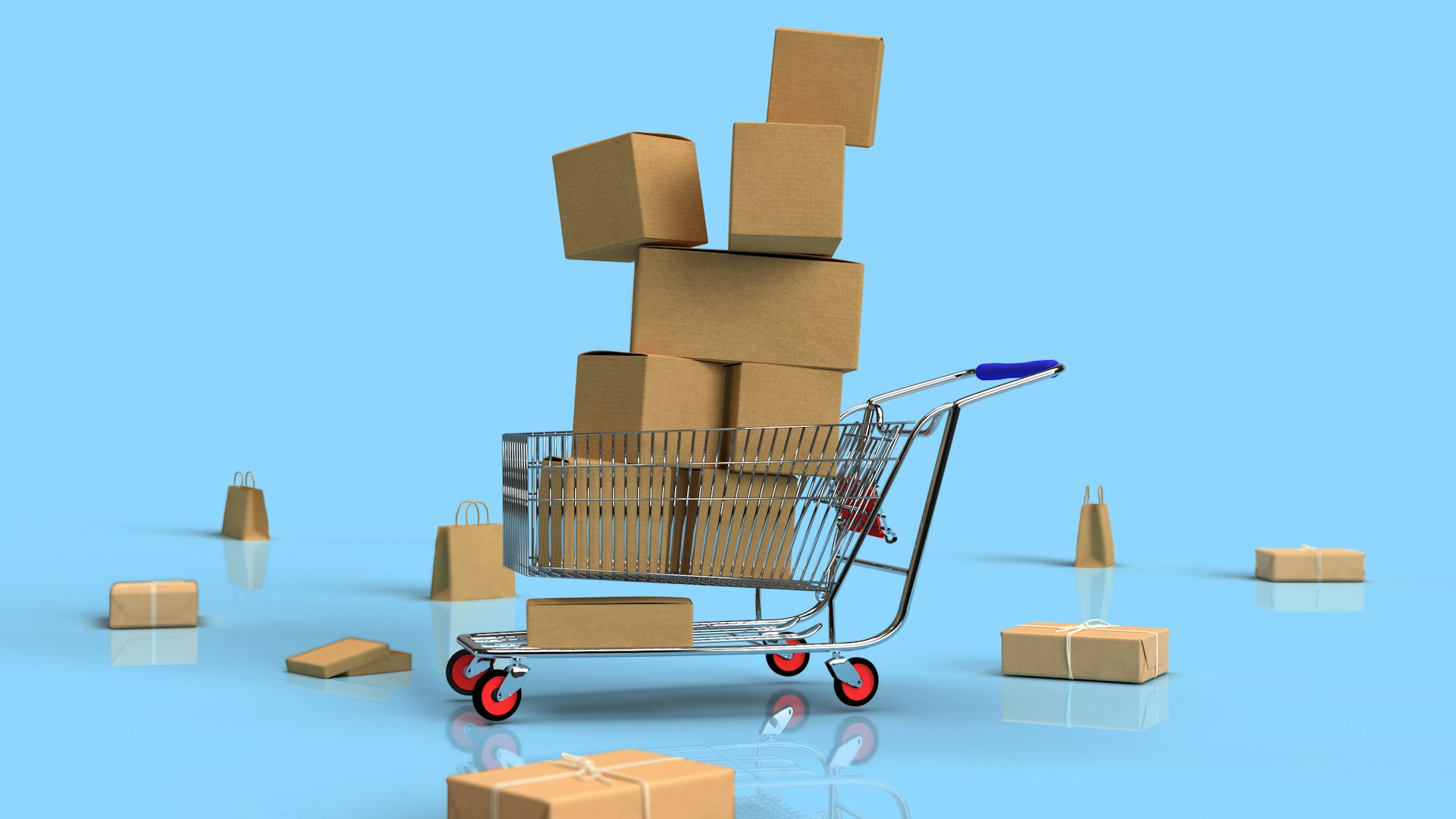 The photo presents a shopping cart filled with cardboard boxes.