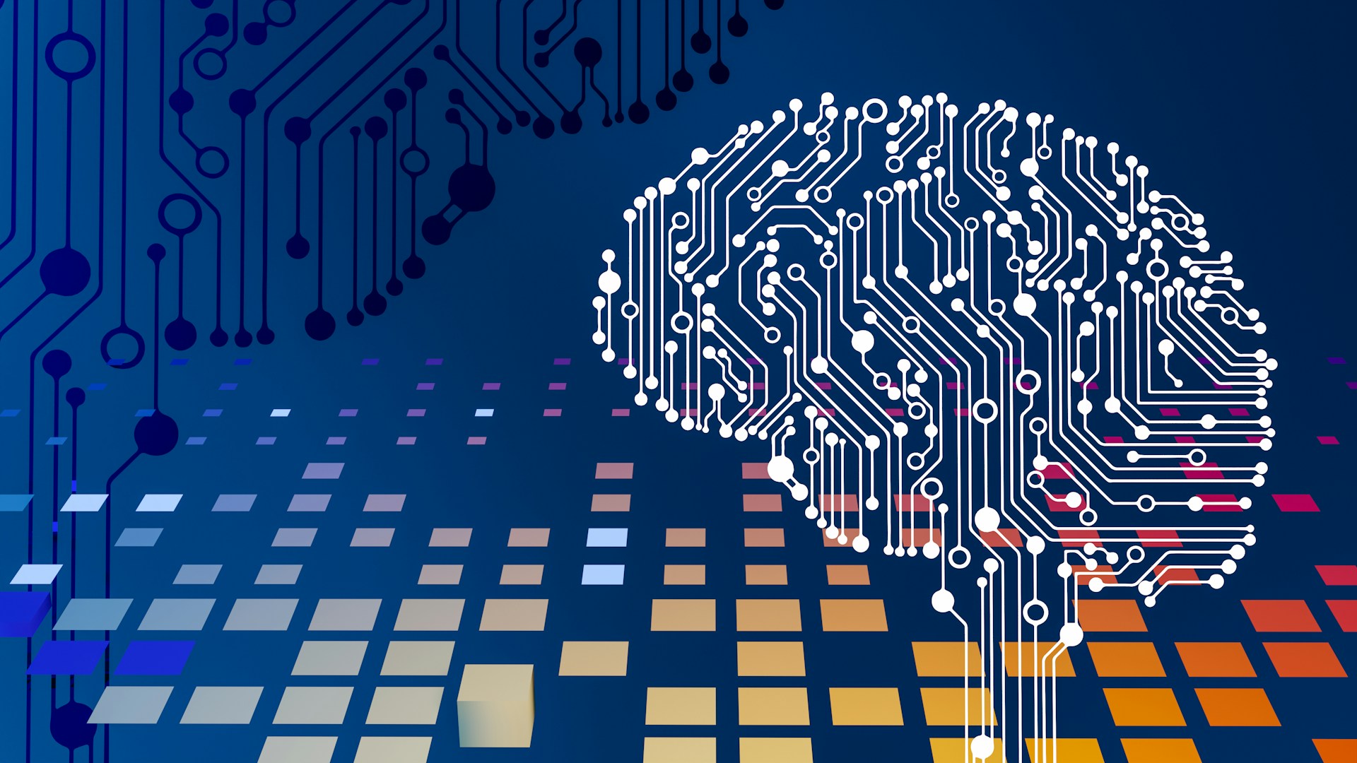 The image presents artificial intelligence represented by a digital brain made of circuit lines.