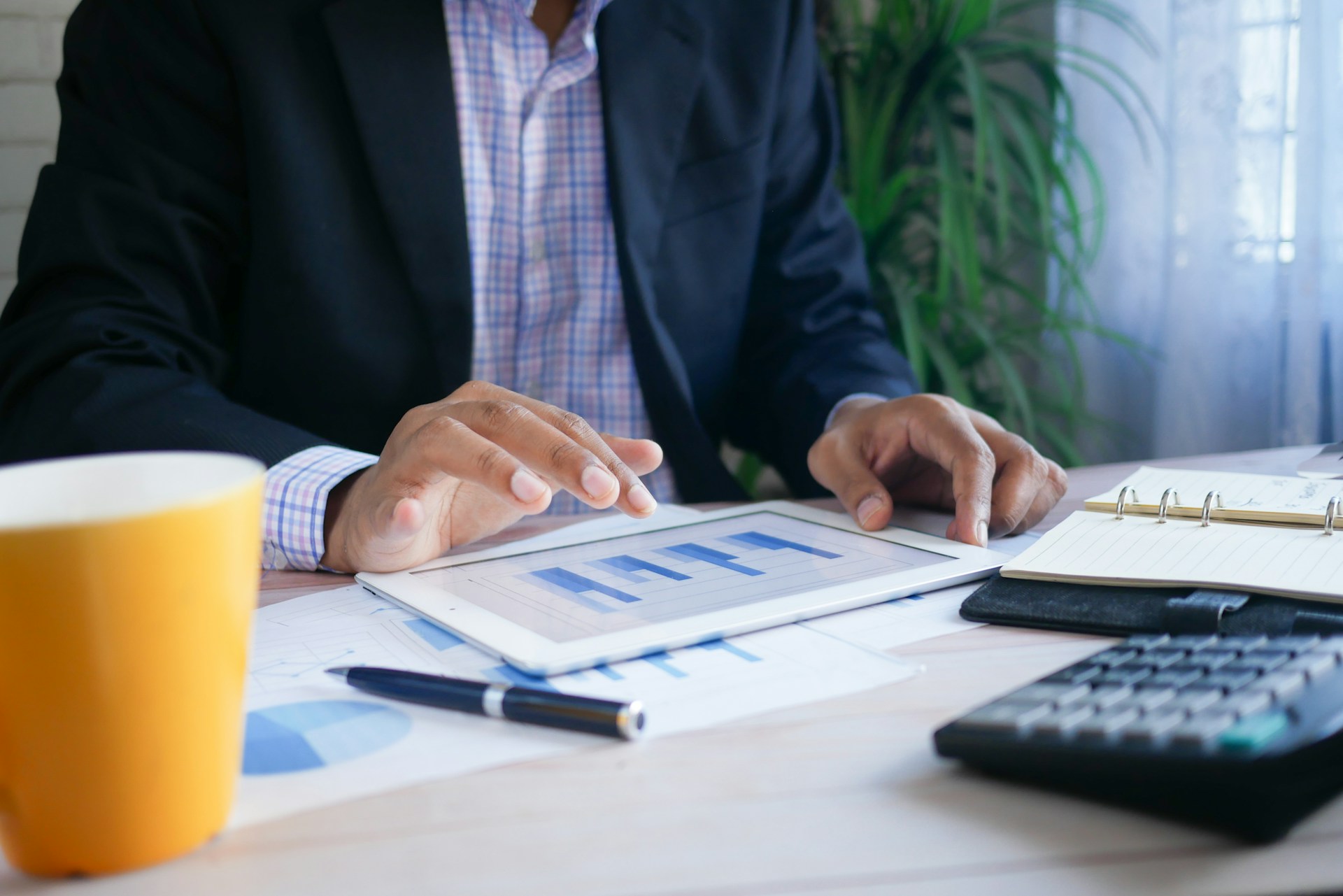 The photo presents a business professional analysing charts and financial data on a tablet.