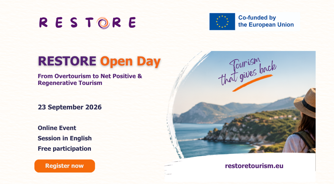 RESTORE Open Day promotional graphic for 23 September 2026, featuring a coastal destination and the theme From Overtourism to Net Positive and Regenerative Tourism.