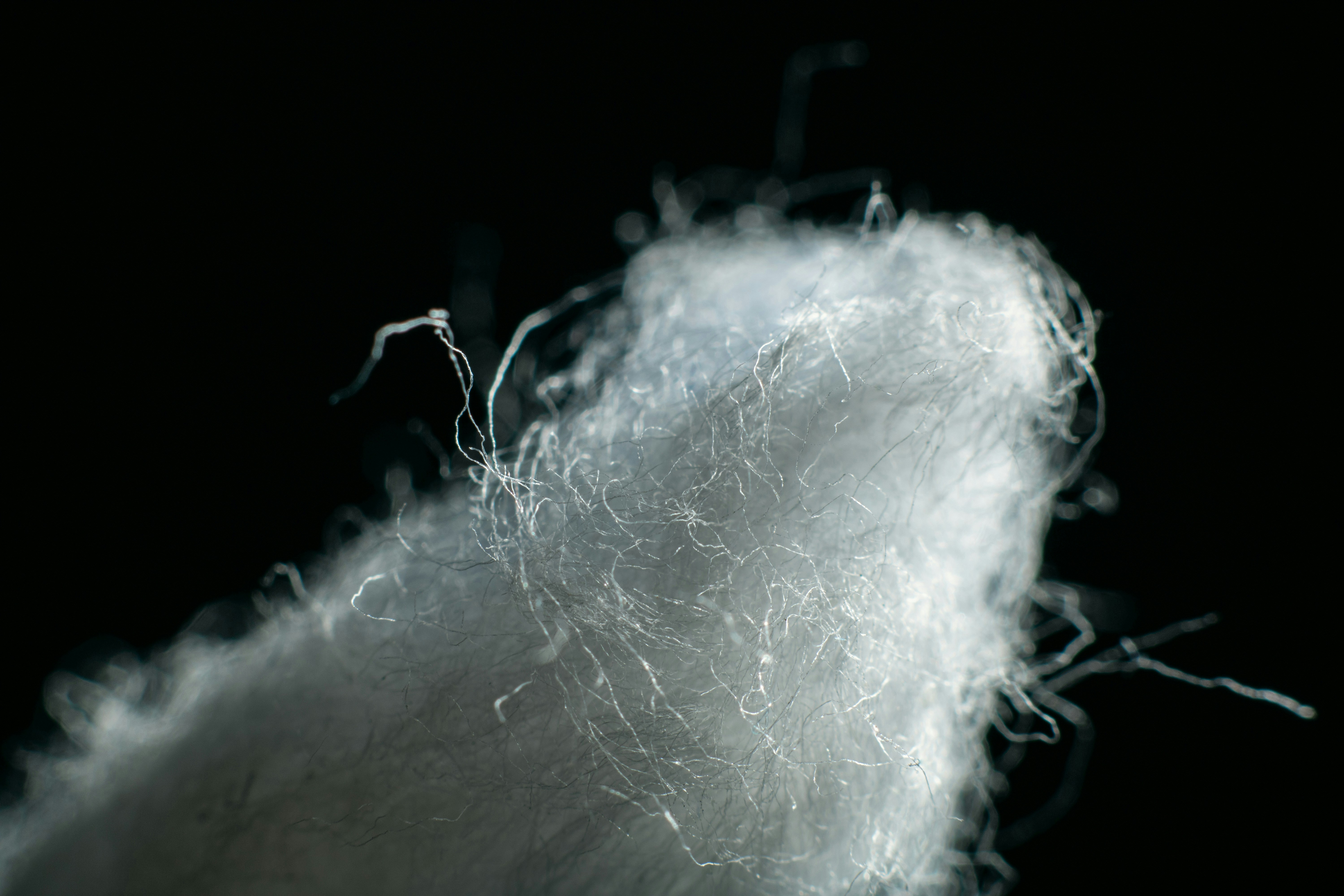Close-up of a soft mass of fine white textile fibres, with loose strands visible against a black background.