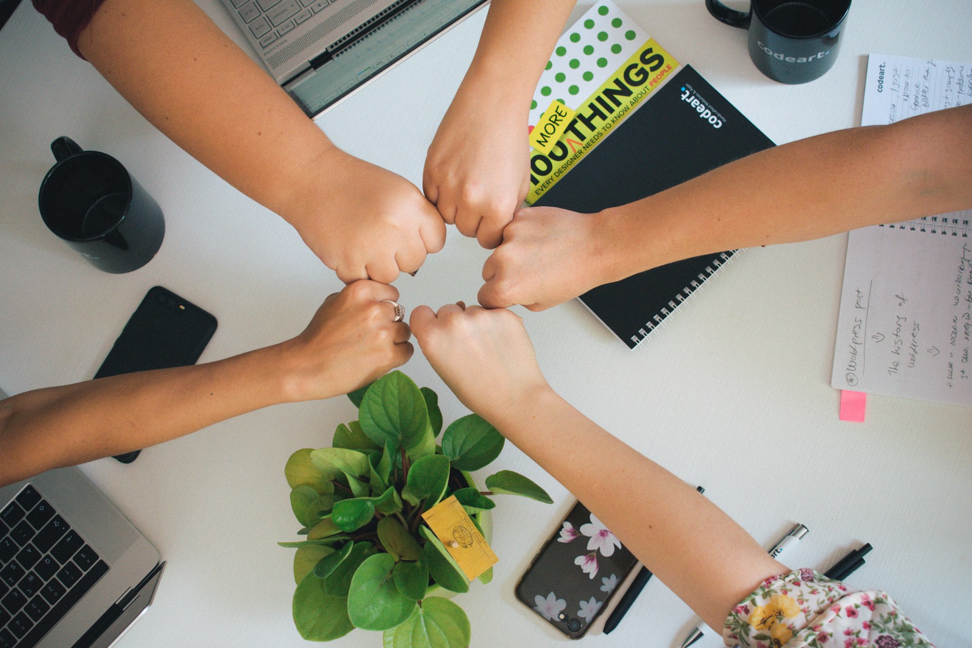The photo shows a team joining their fists over a table.