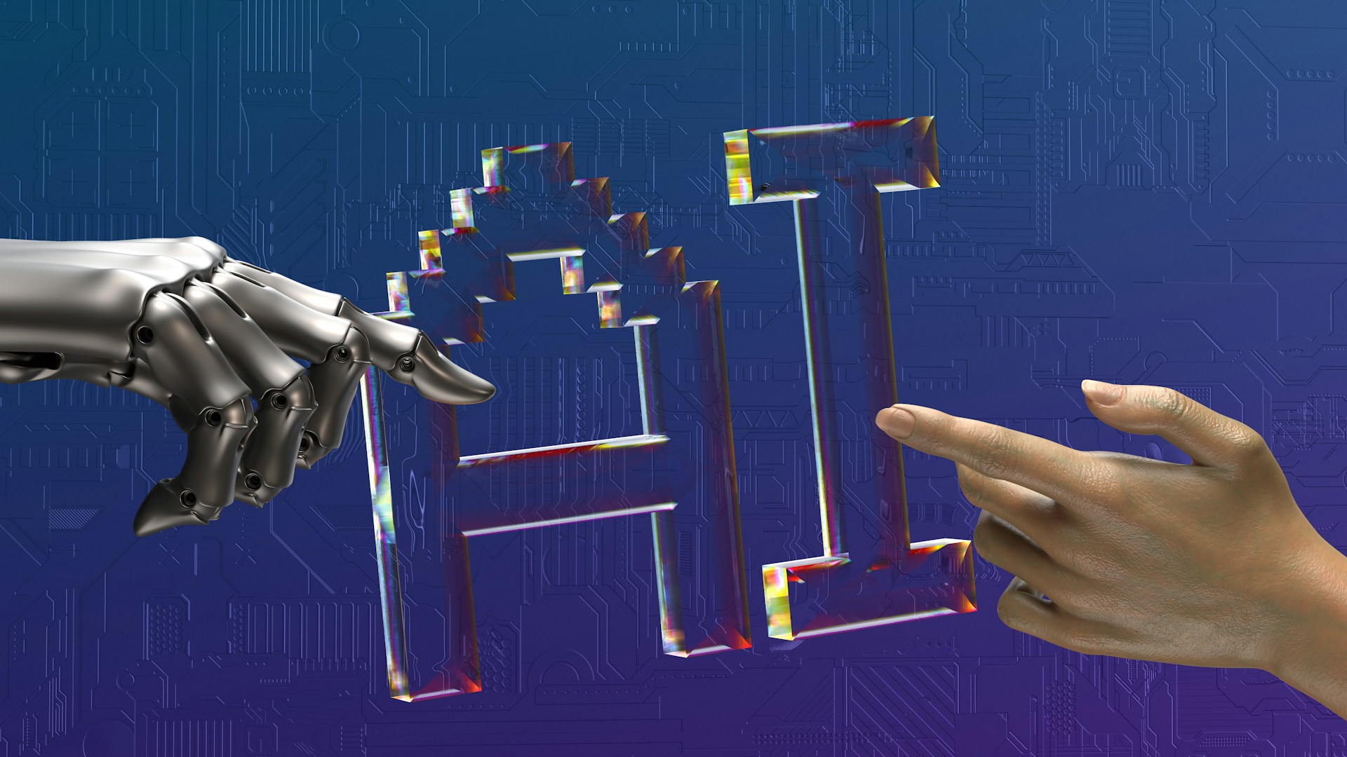 The image presents a human hand and a robotic hand pointing at AI symbols.