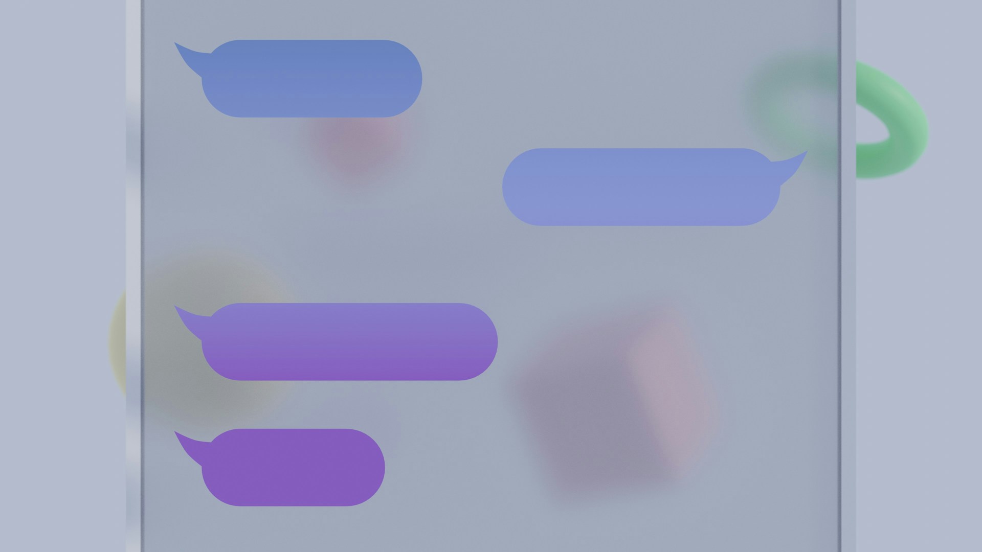 The image presents four blank blue and purple speech bubbles on a translucent panel, illustrating a digital chat interface.