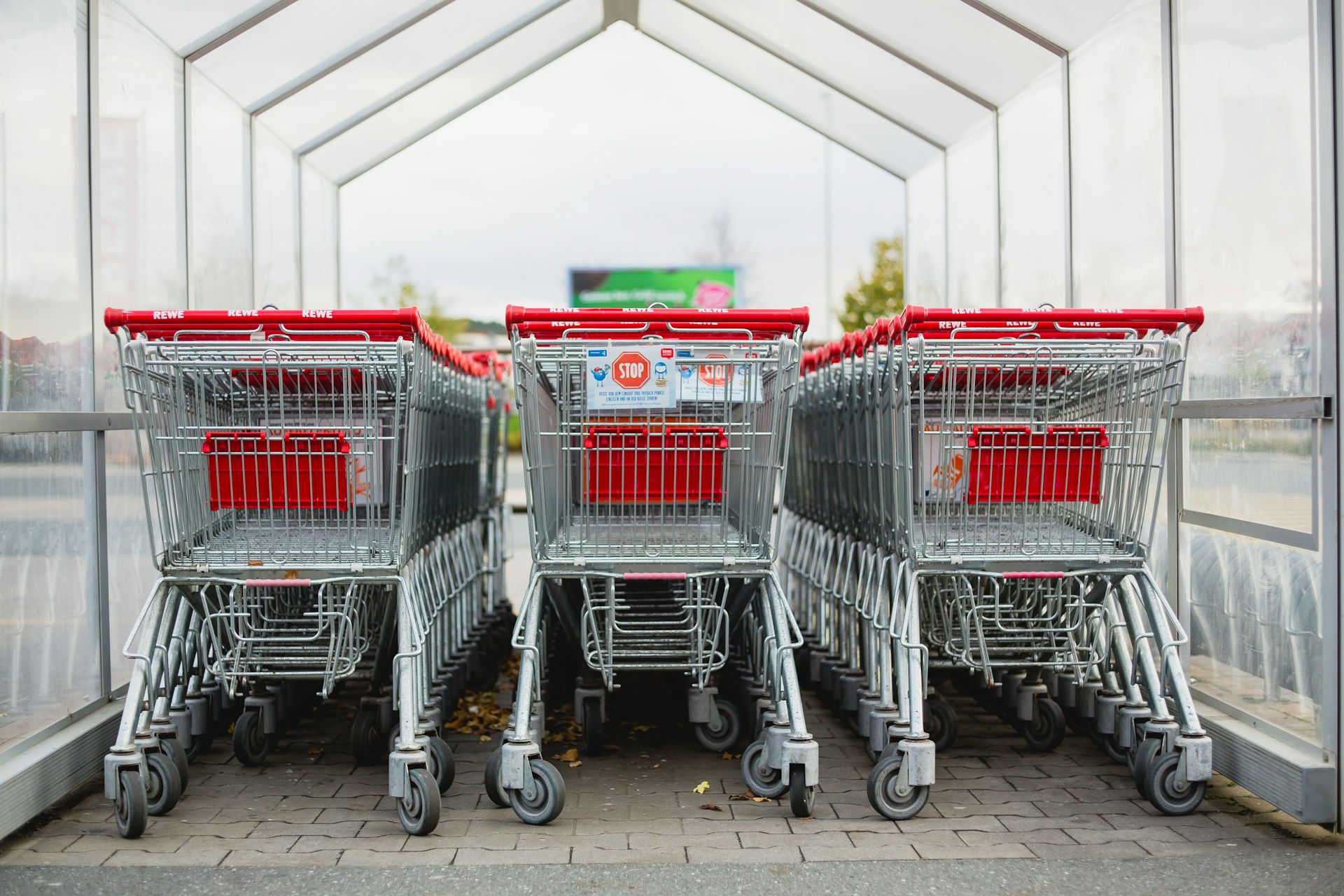 The photo presents three rows of nested metal shopping trolleys with red handles inside a covered shelter.