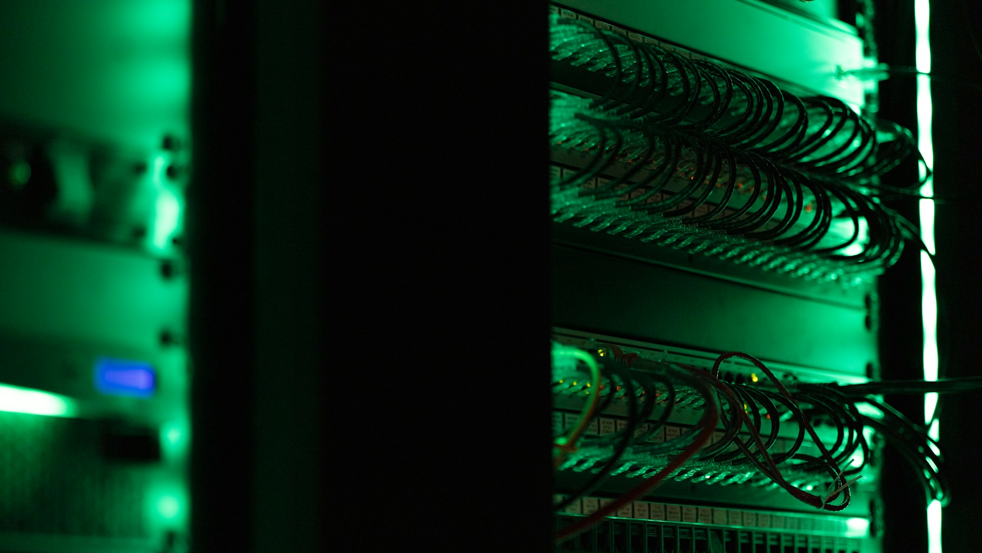 The photo presents network cables in a server room.