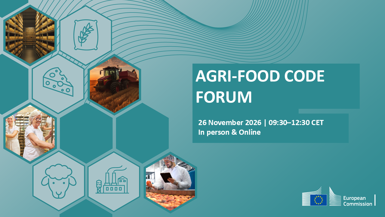 Banner for the Agri-Food Code Forum on 26 November 2026, featuring images and icons representing agriculture, food production, processing and the wider agri-food value chain.