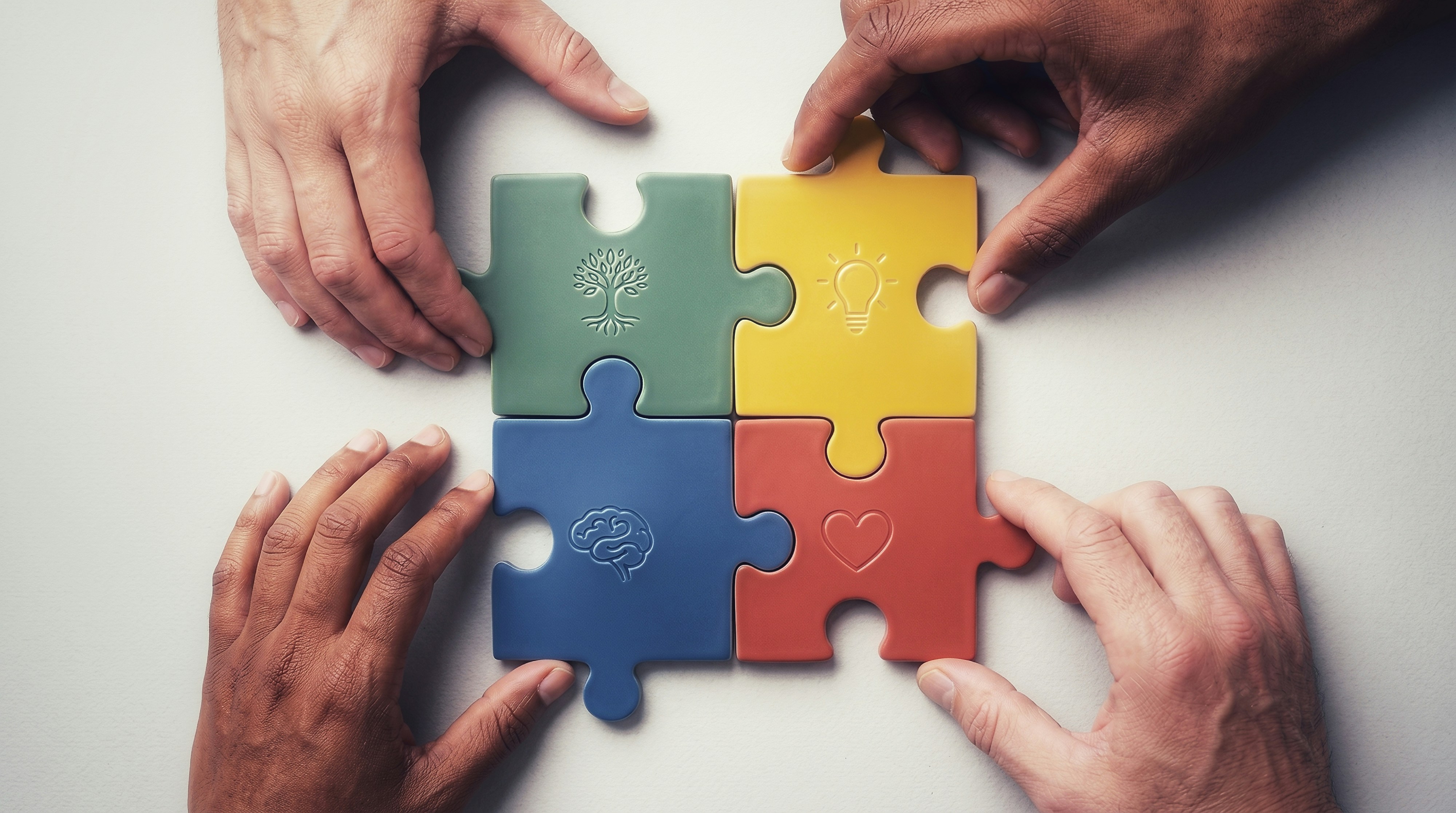 Hands assembling a colorful puzzle