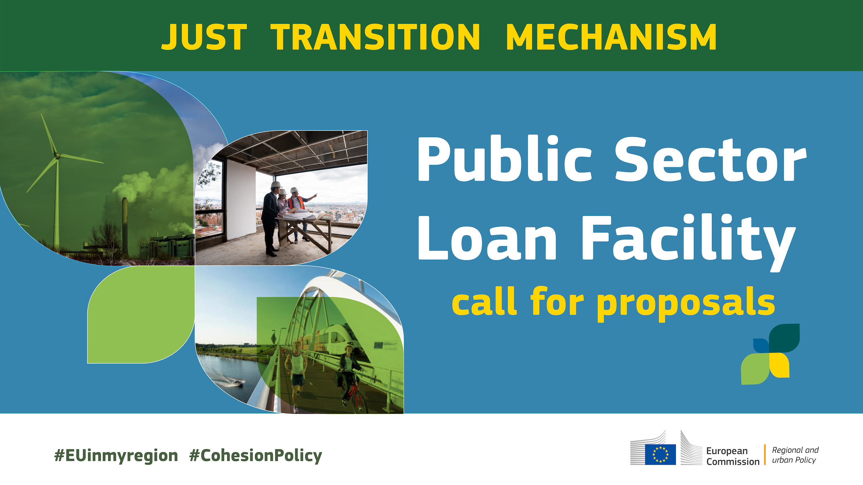 This picture shows a promotional graphic for the Just Transition Mechanism’s Public Sector Loan Facility call for proposals.