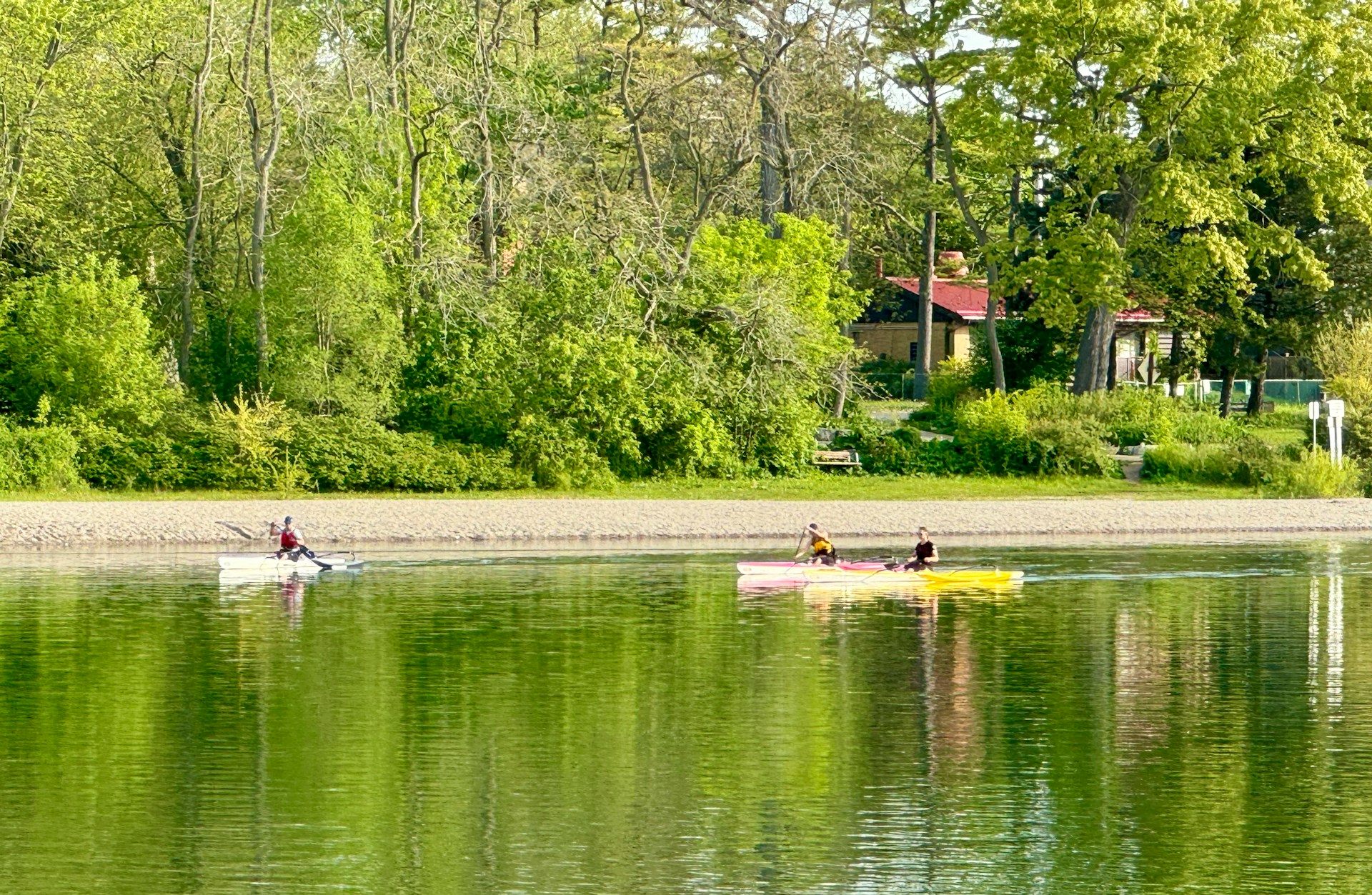 The photo presents people kayaking on a calm river or lake surrounded by lush greenery.