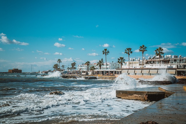 An illustrative photo of a coastal scene with waves crashing against a sea wall.