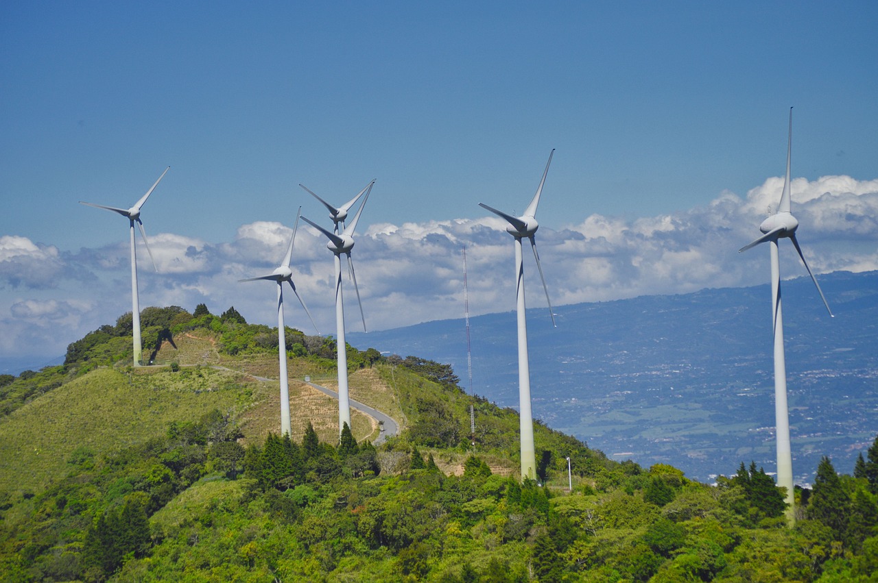 An illustrative photo of renewable wind energy generators on a hill