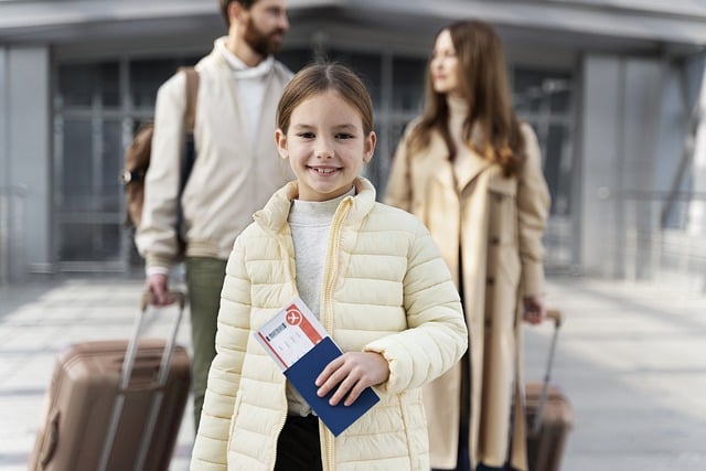 An illustrative photo of a smiling family at the airport