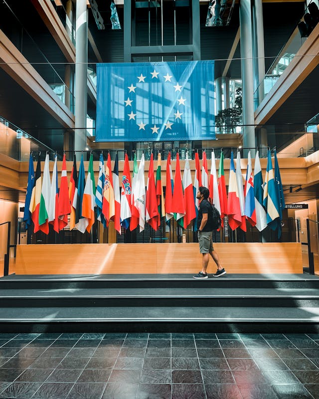 An illustrative photo of flags in European Parliament building