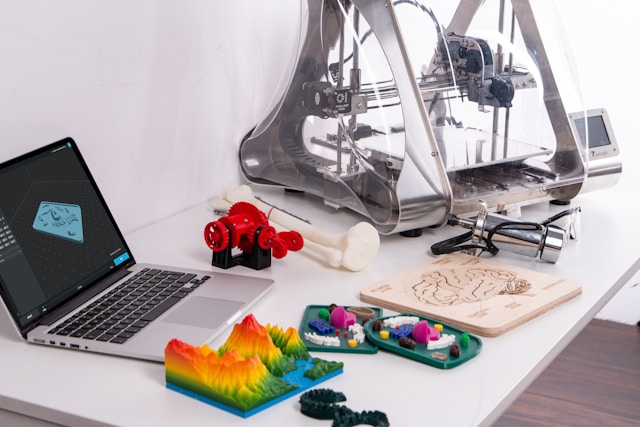 An illustrative photo of a laptop placed next to a 3D printer.