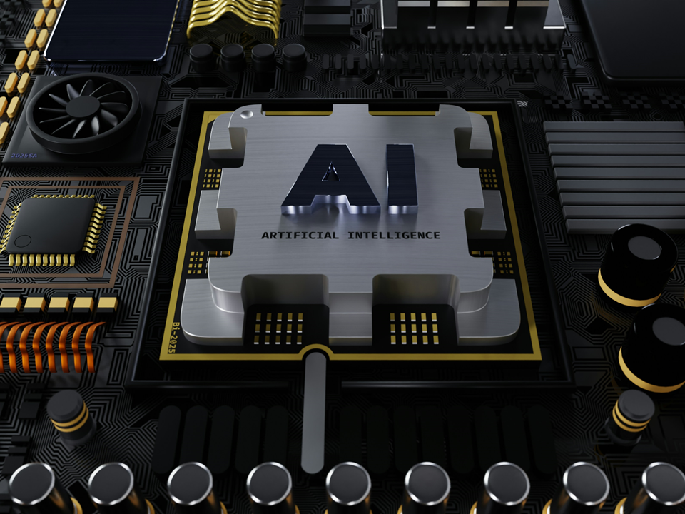 An illustrative photo of a computer chip with the letters “AI”  displayed in the center.