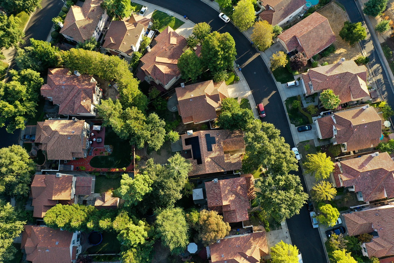 An illustrative photo of a road between buildings with green trees in between