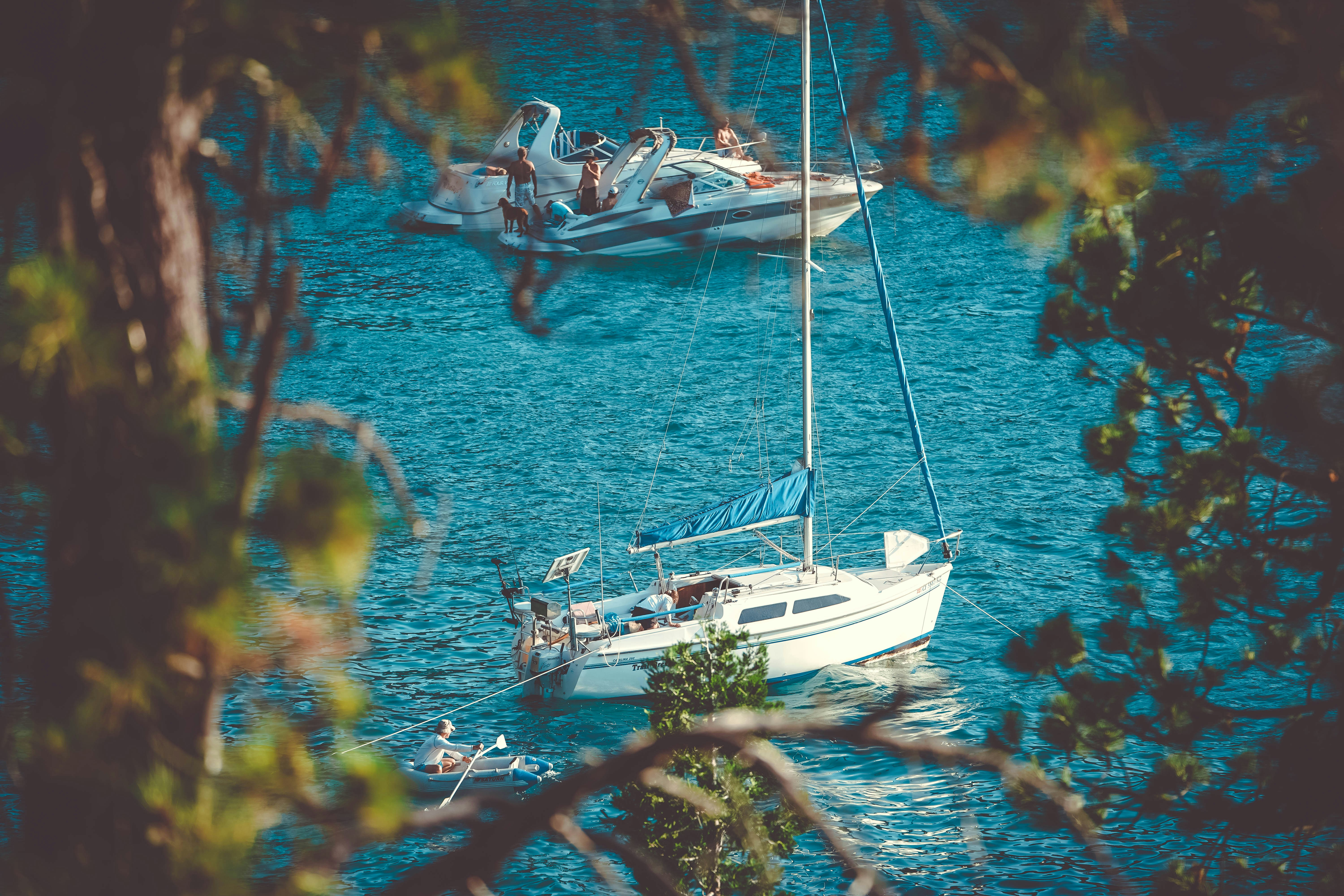 An illustrative photo of white boats on clear blue water