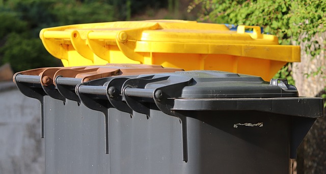 An illustrative photo of black and yellow garbage bins