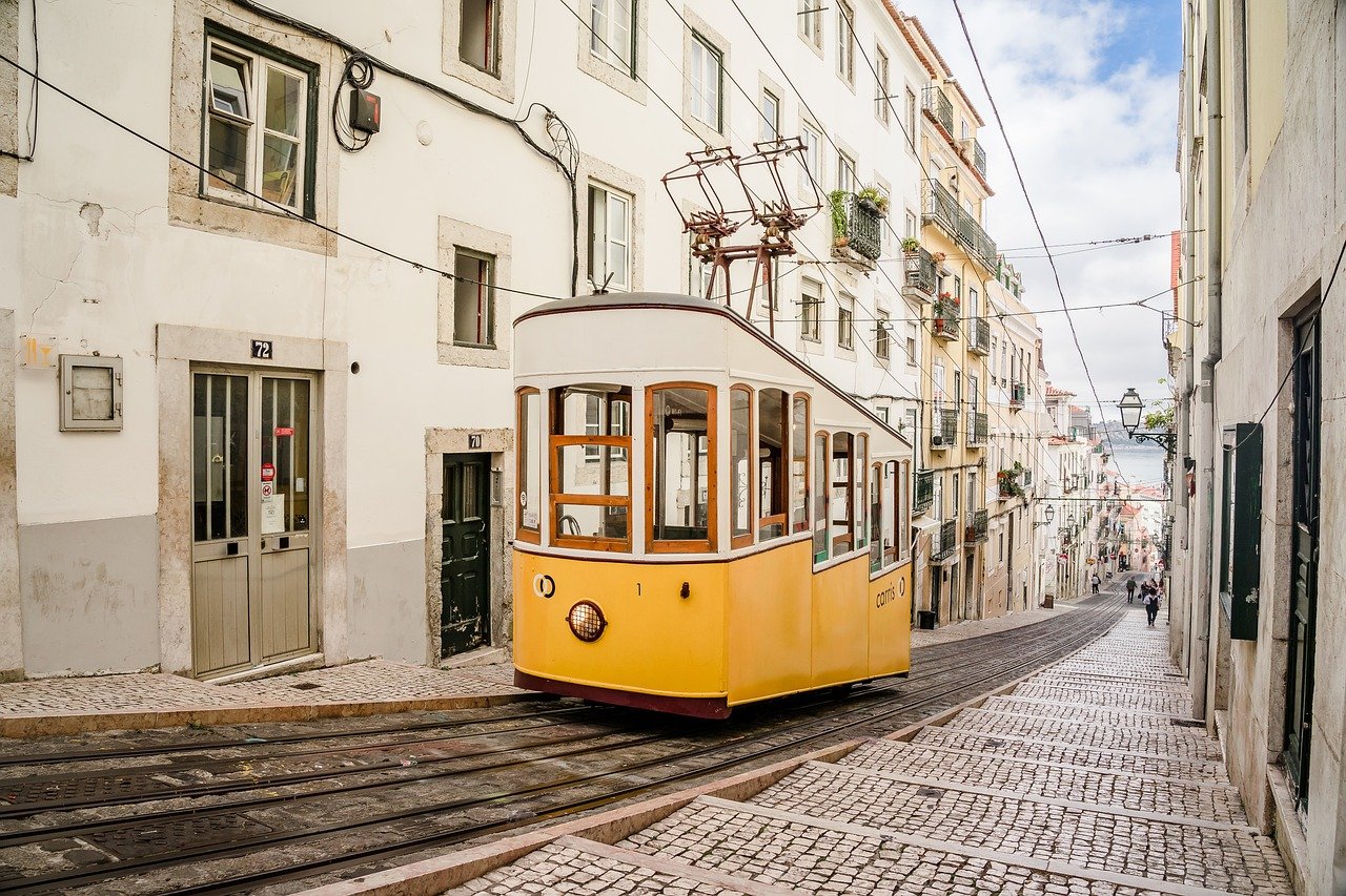 An illustrative photo of a yellow tram navigating the narrow streets of an old European city. 