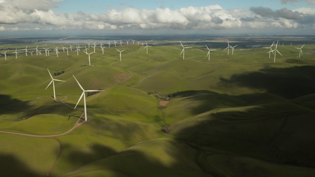 An illustrative photo of white windmills surrounded by lush green fields