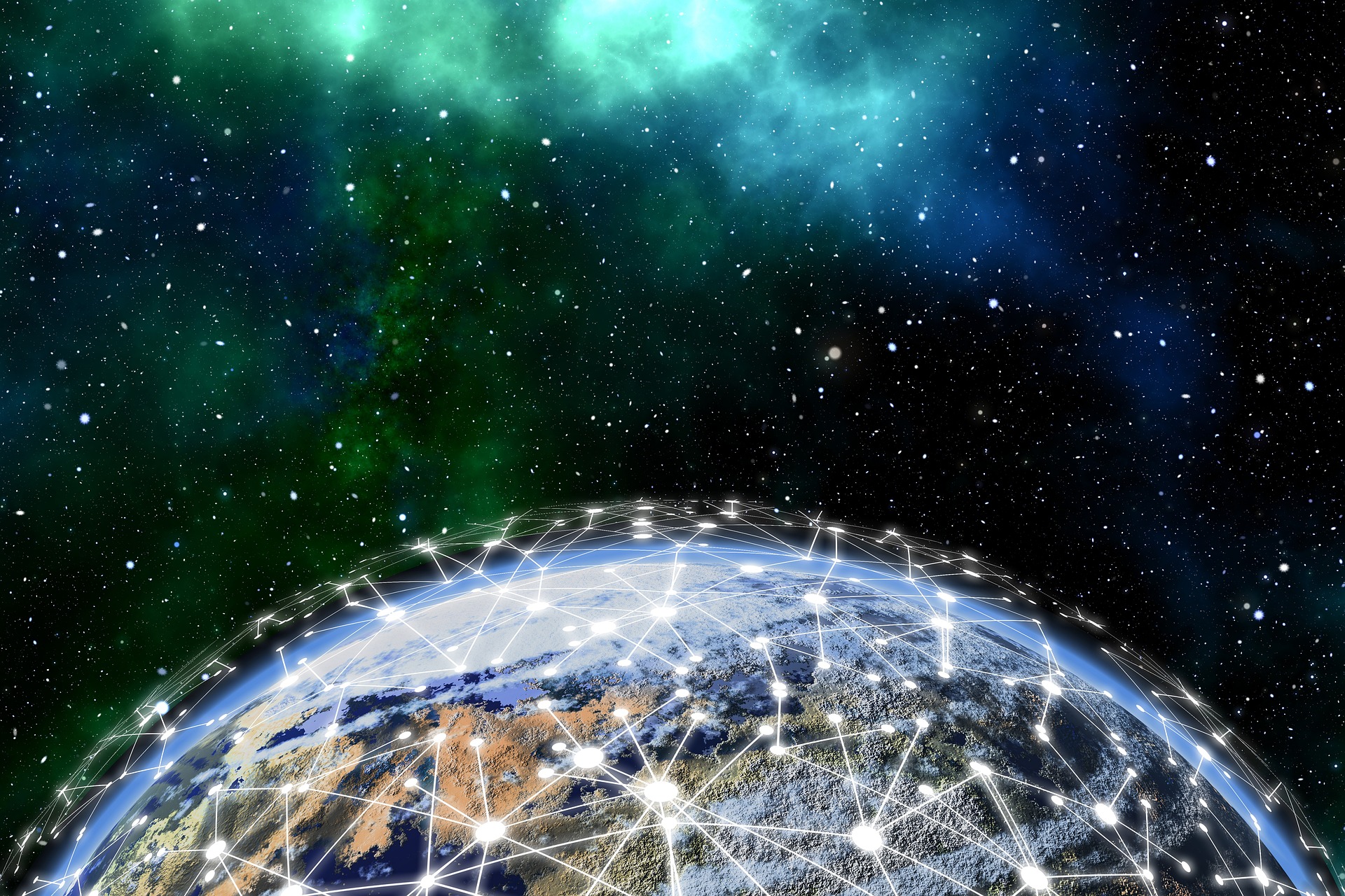 An illustrative photo of a digitally connected Earth with a network of glowing nodes and lines.