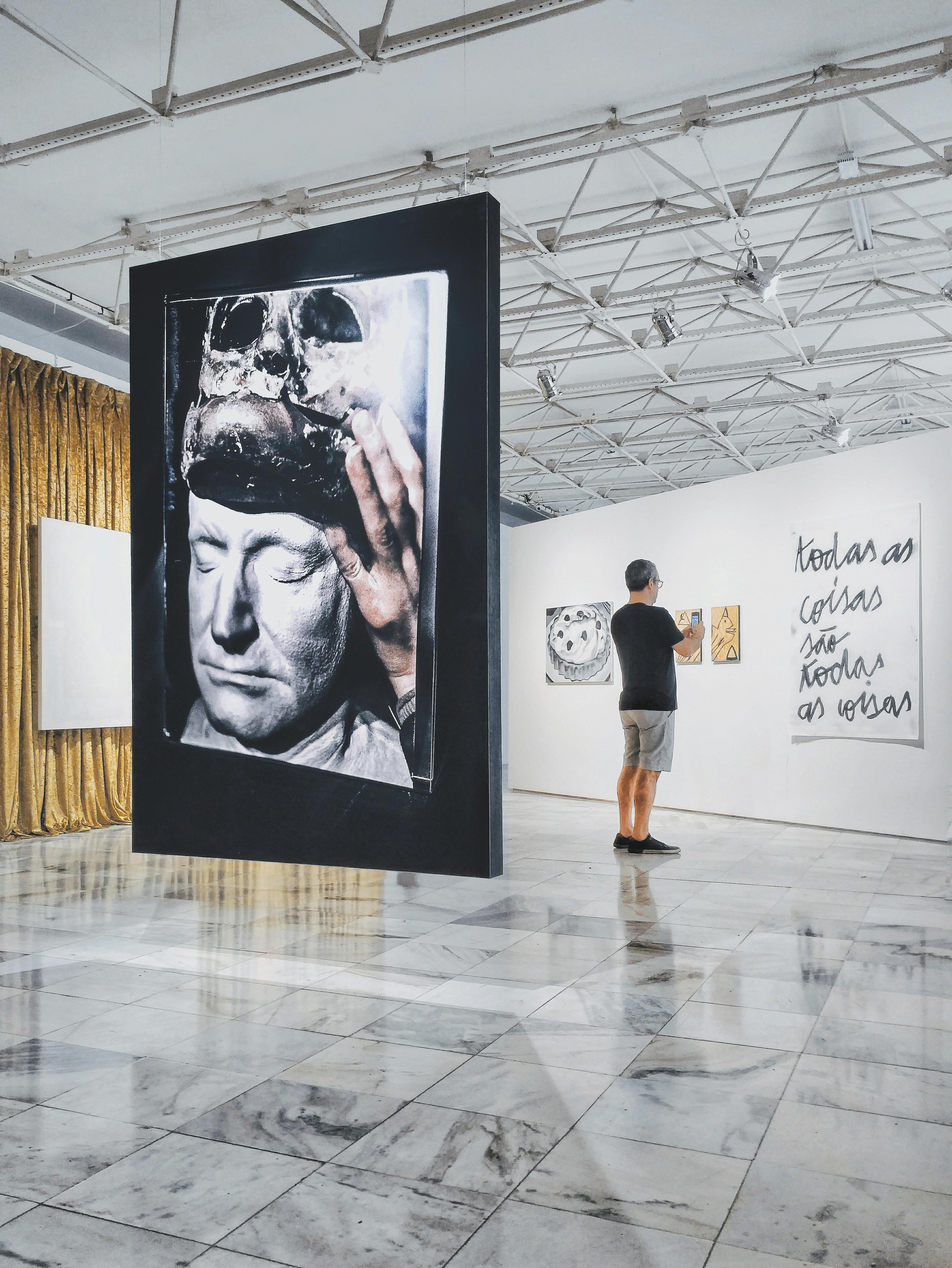 An illustrative photo of a man taking pictures of a painting in the gallery