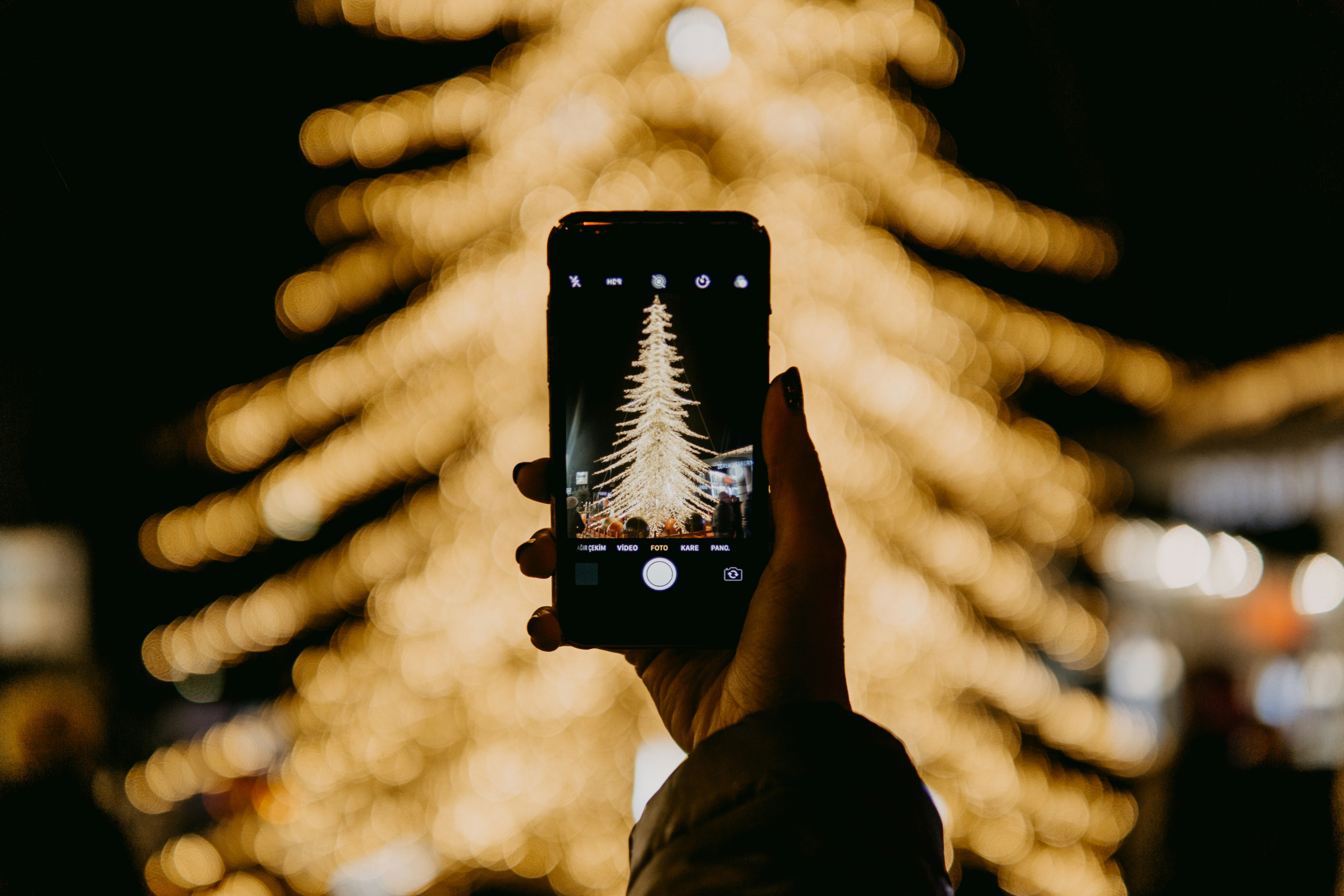 An illustrative photo of a man taking a photo of a Christmas tree