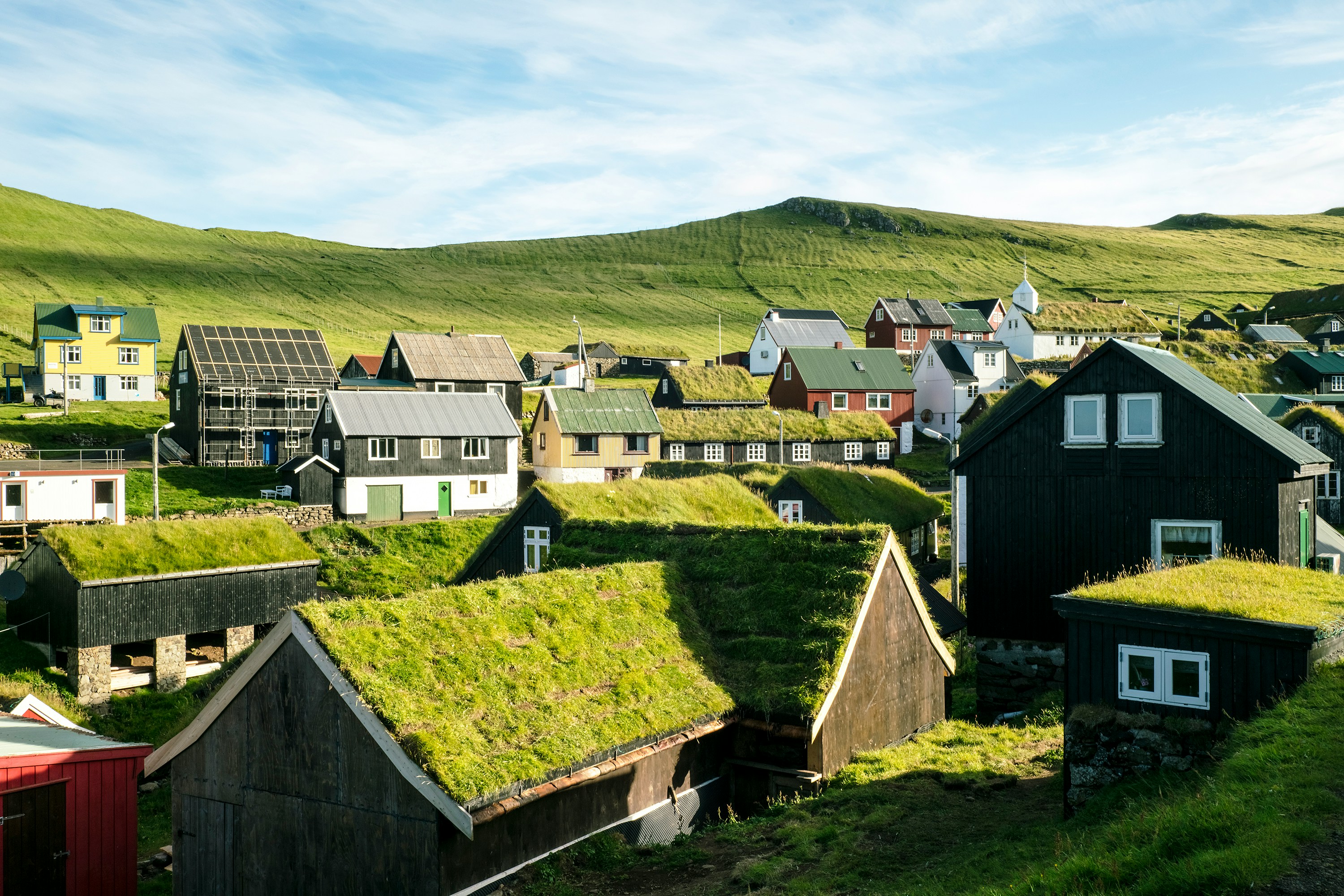 An illustrative photo of houses with grass on their roofs on a hill