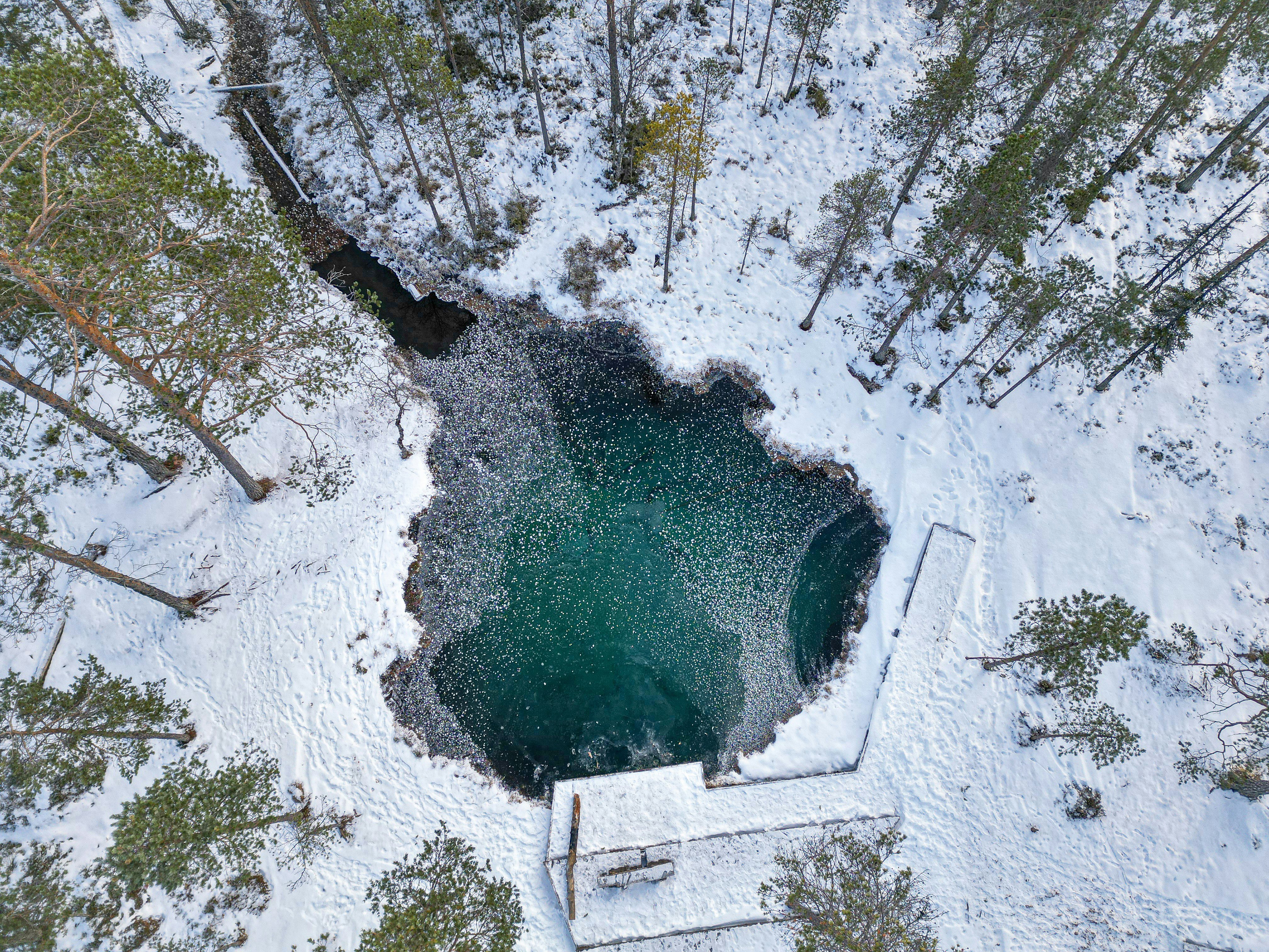 An illustrative photo of a snow covered lake surrounded by trees