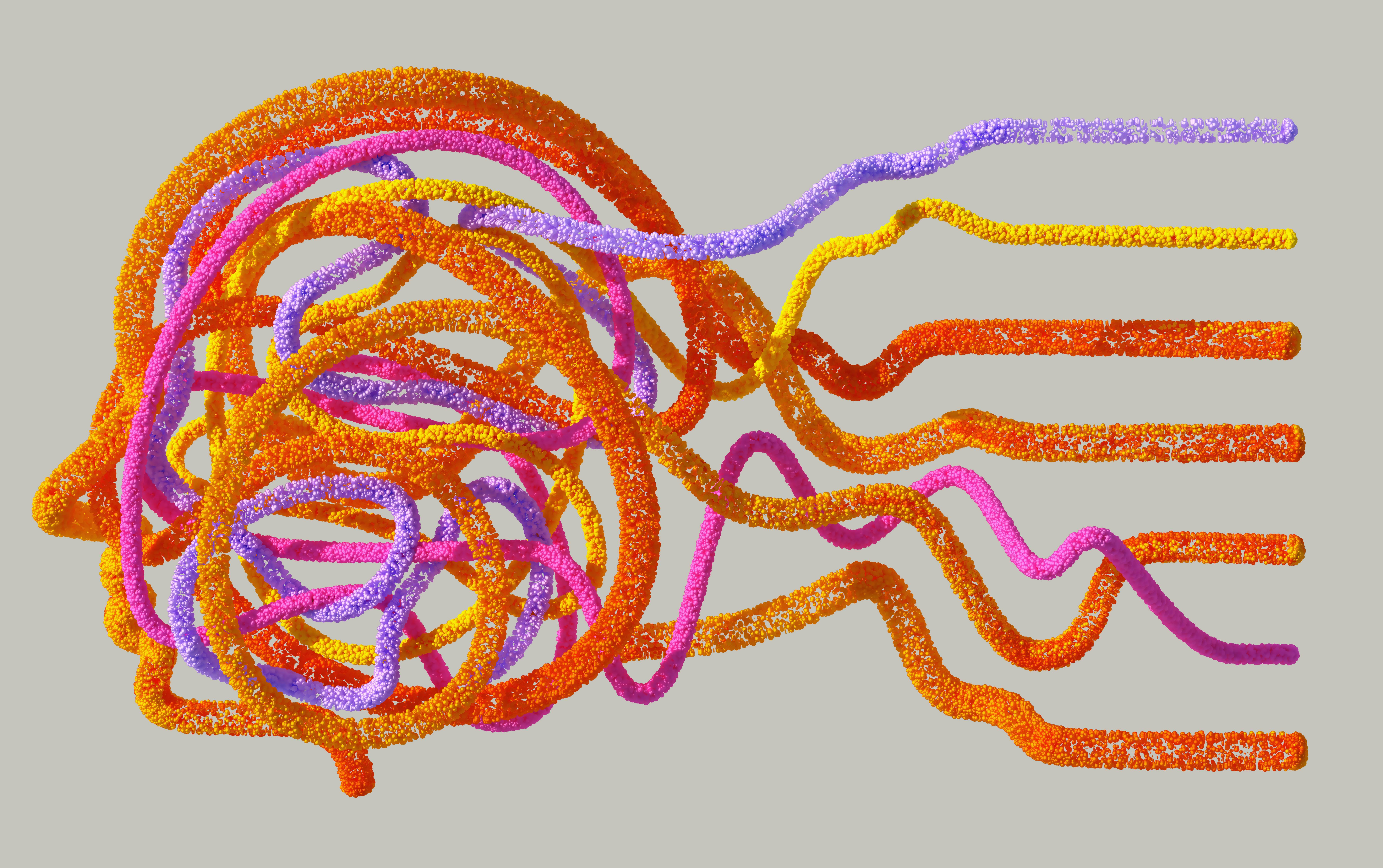 Abstract, colorful strands intertwined like tangled threads, flowing outward against a neutral background.