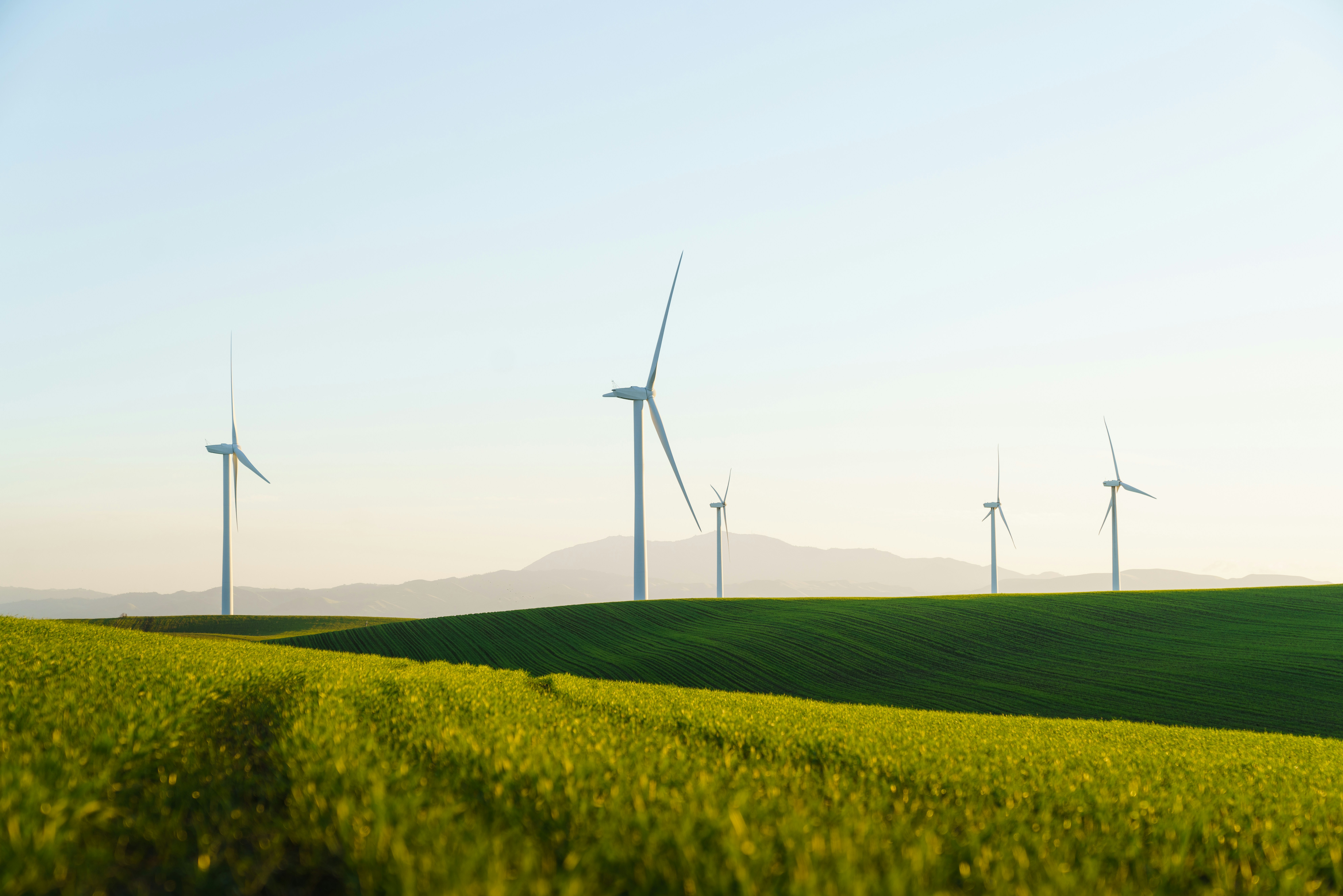 Photo by Unsplash An illustrative photo of white windmills in a green field.