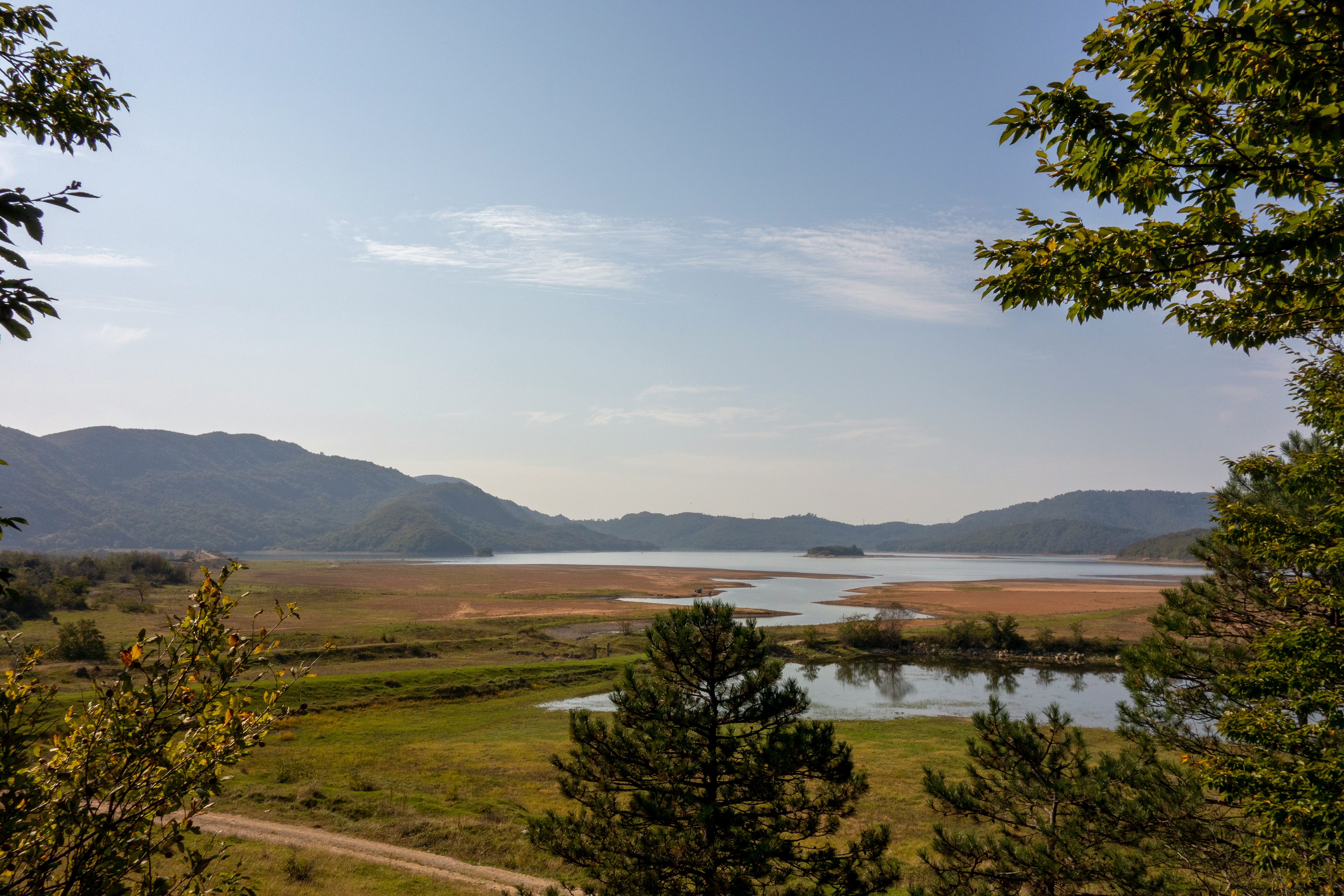 An illustrative photo of a lake near trees with mountains in the background.